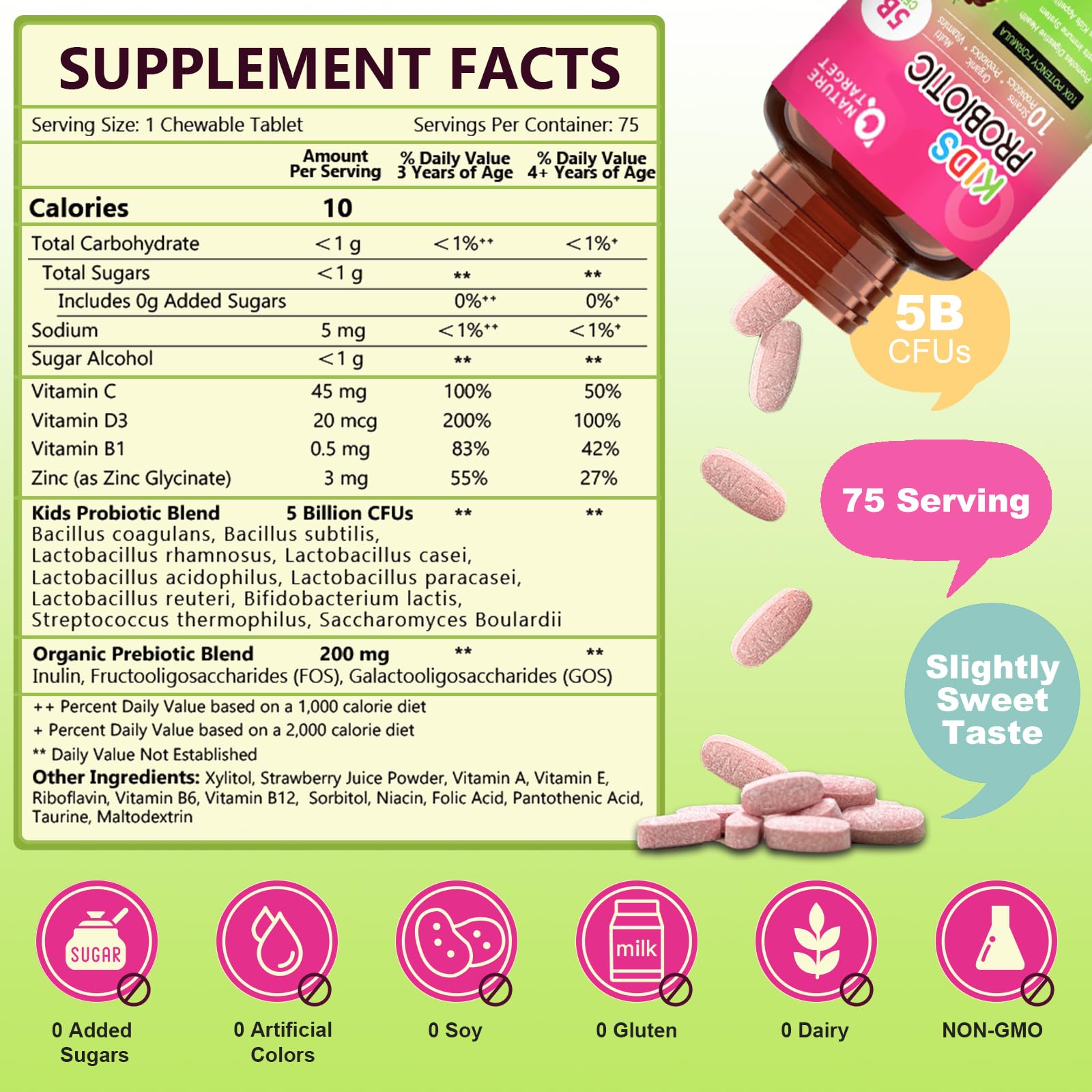 Nature Target probiotiques enfants 75 portions fraise, soutien immunitaire potentiel.