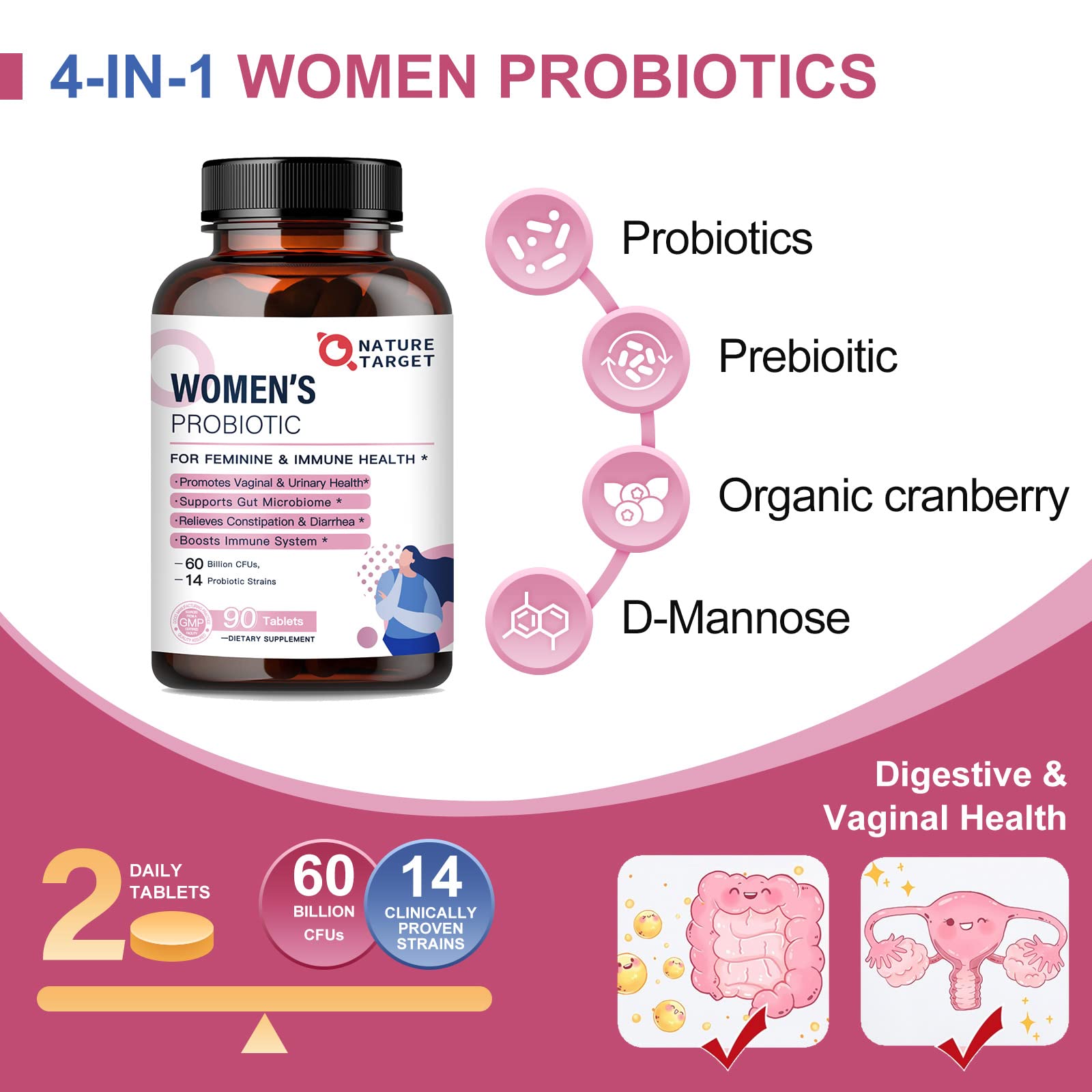 Nature Target Probiotiques pour femmes – 60 milliards CFU: équilibre du microbiote pour la vitalité.
