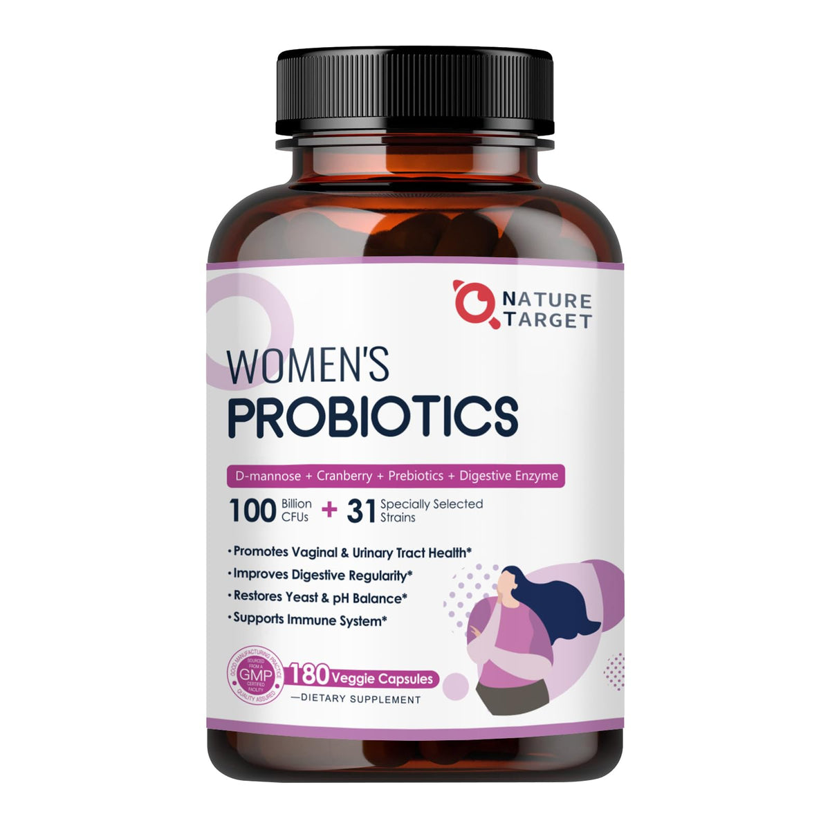 Flacon Nature Target Probiotiques pour femmes avec 180 capsules végétales et soutien quotidien.