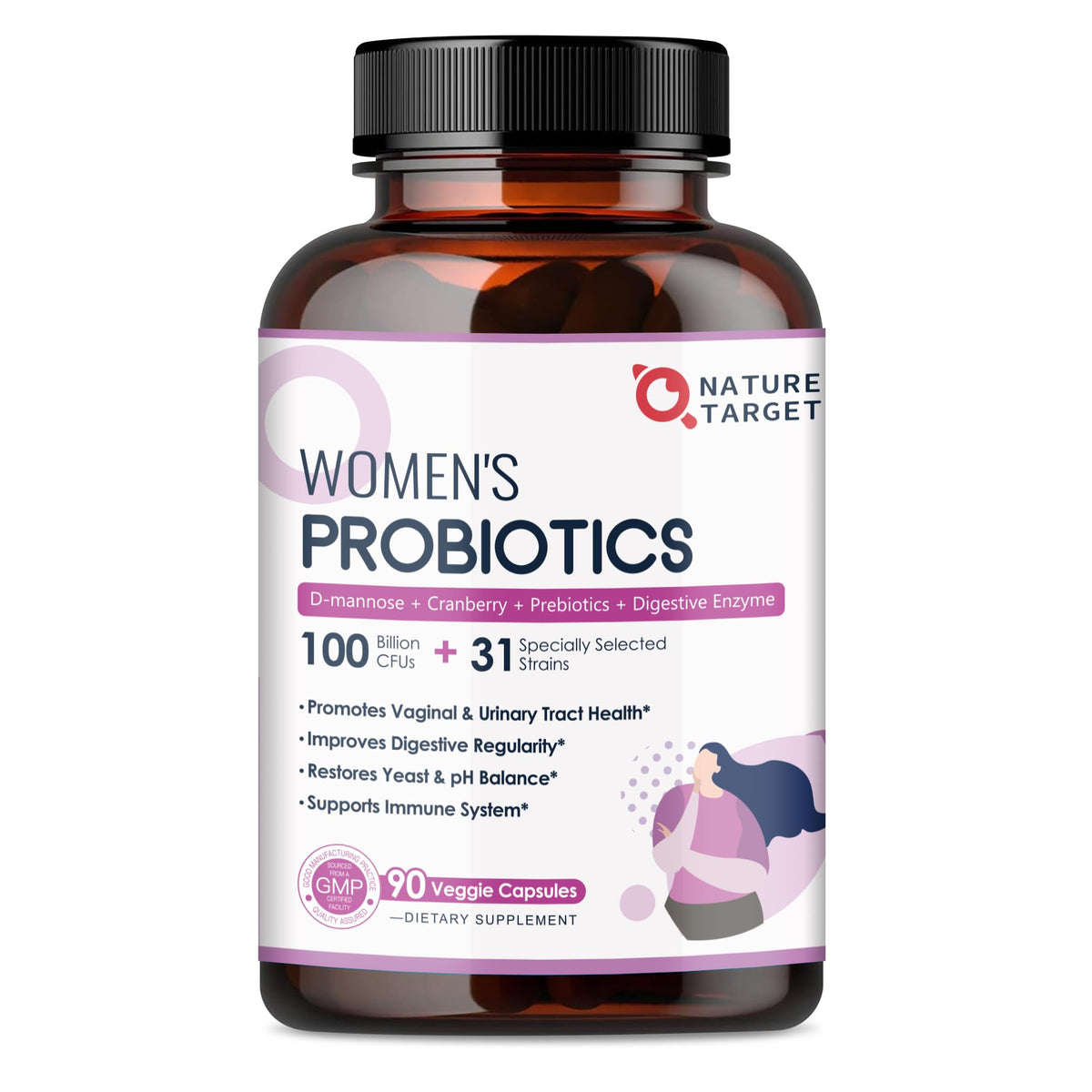 NATURE TARGET Probiotiques pour femmes, bouteille de 90 capsules, format pratique
