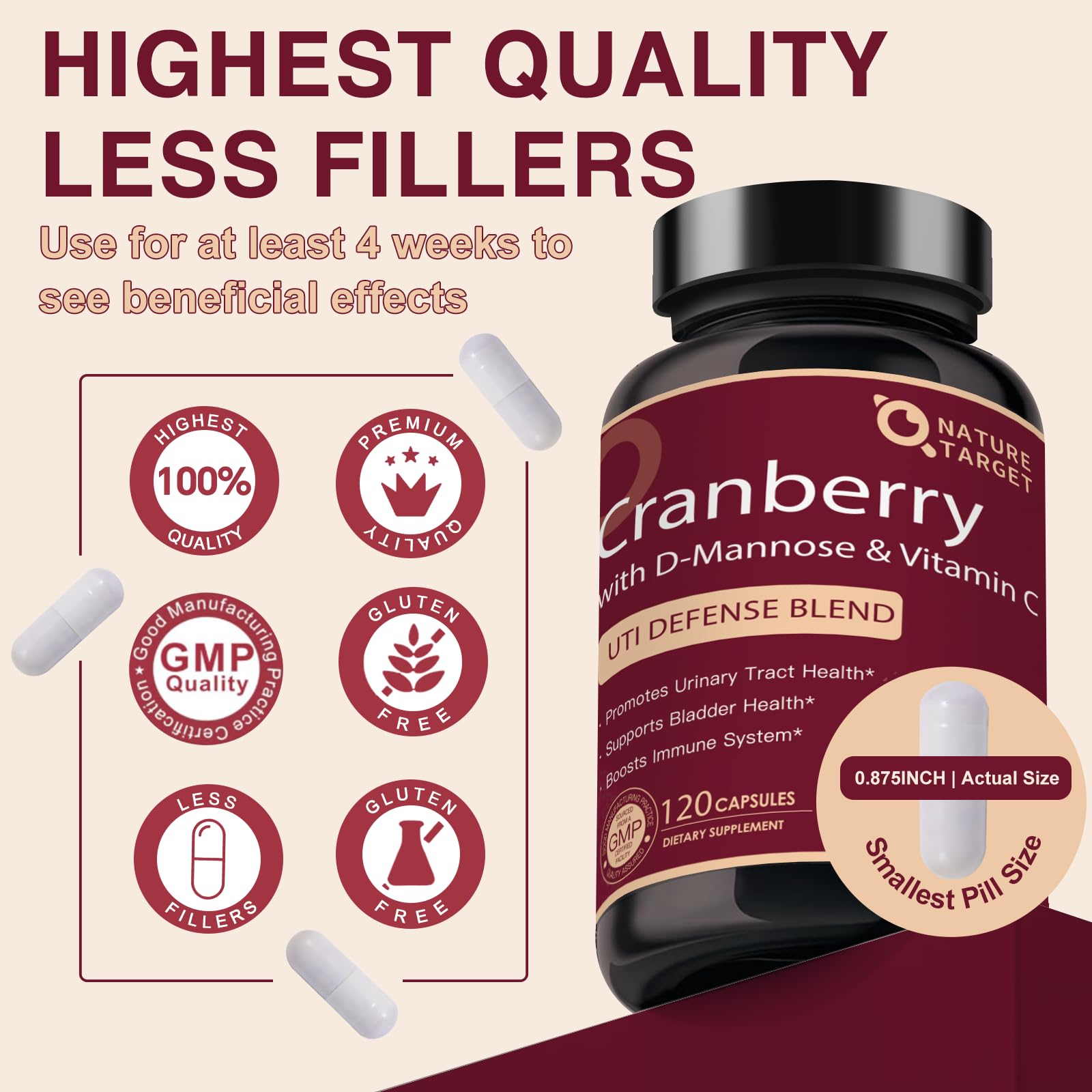 Nature Target Cranberry Pills utilisation quotidienne recommandée en deux capsules.