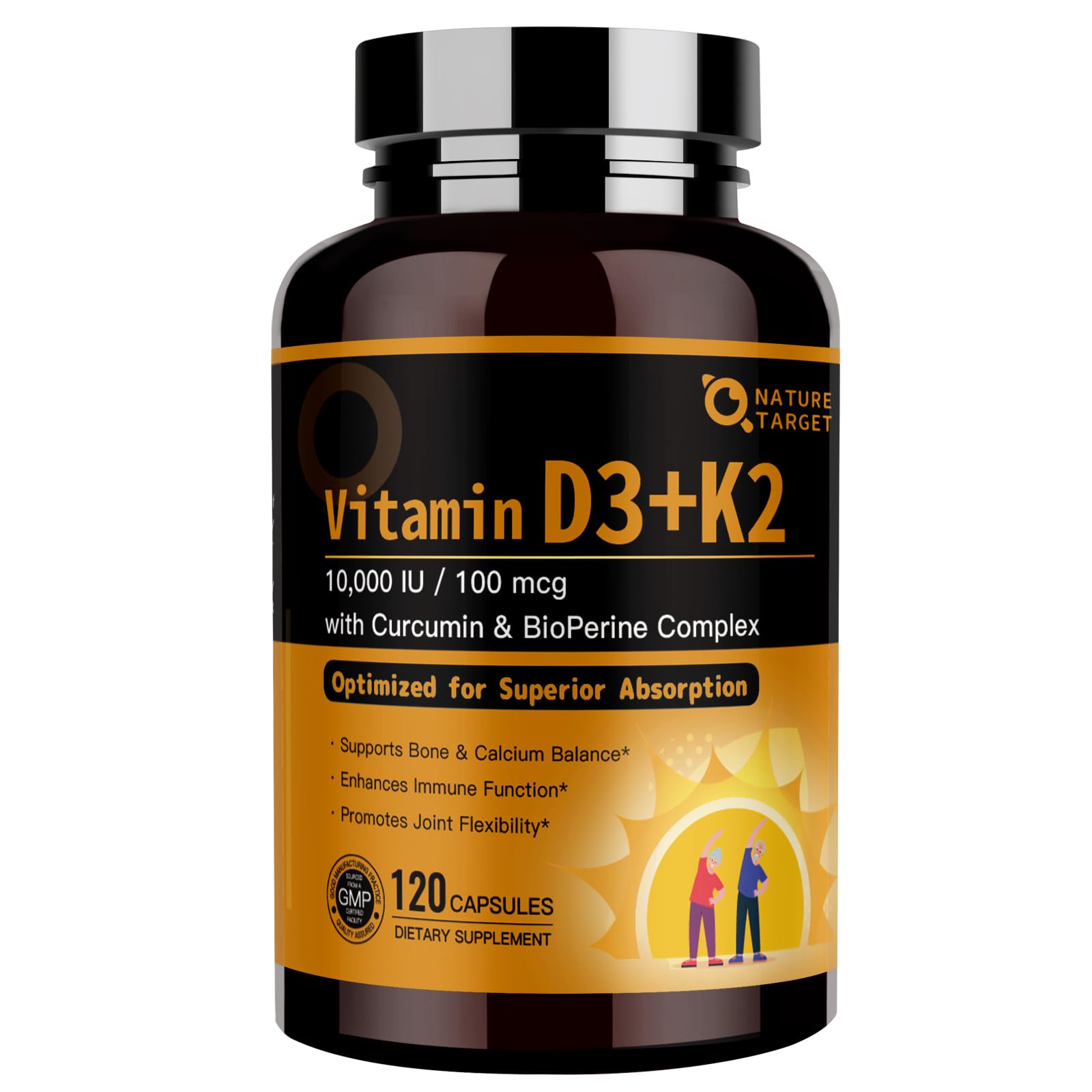 NATURE TARGET vitamine D3 K2 en capsules MCT pour absorption améliorée.