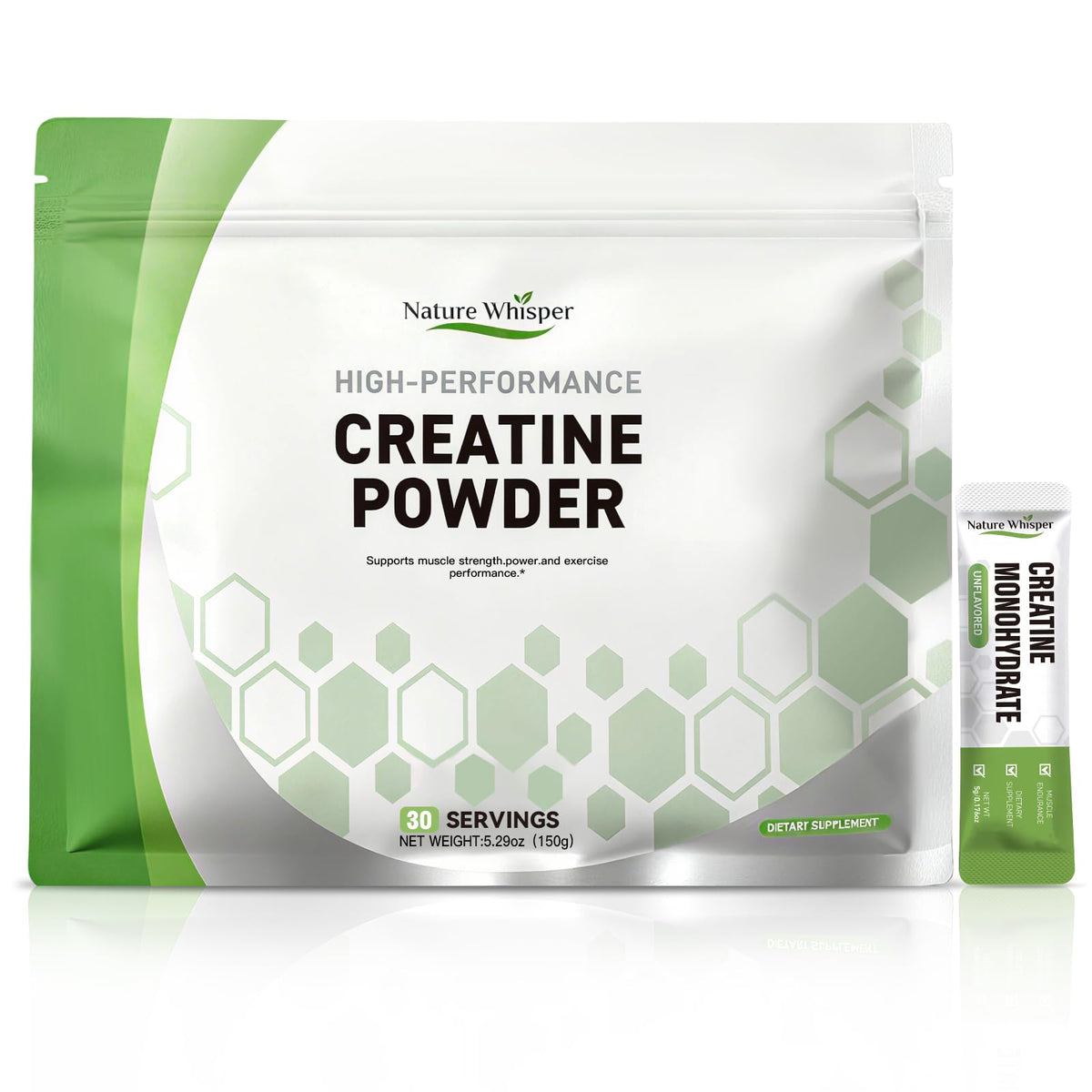 Nature Whisper créatine en sachets voyage, pratique et 5000 mg par portion.