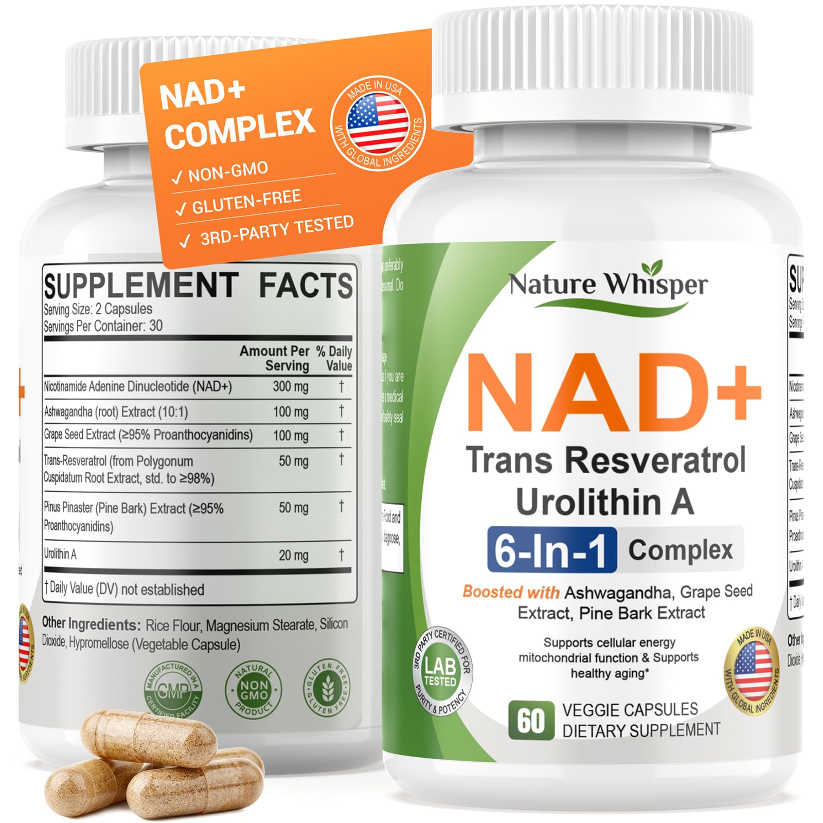 Nature Whisper NAD Resveratrol: bouteille montrant énergie durable et simplicité d’utilisation.