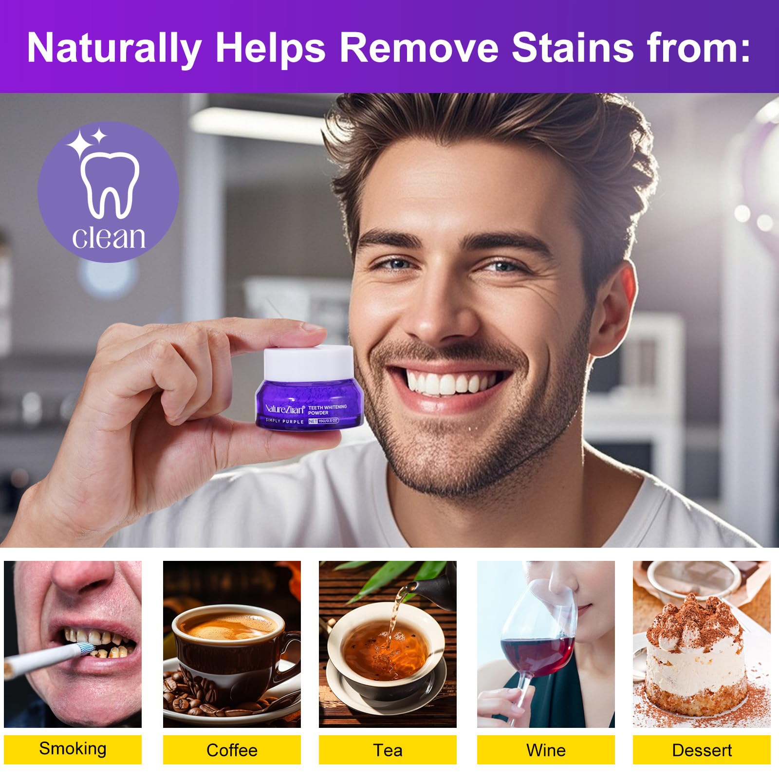 NATURE ZIRAN poudre blanchiment dents, application matin, effet progressif sur les taches.