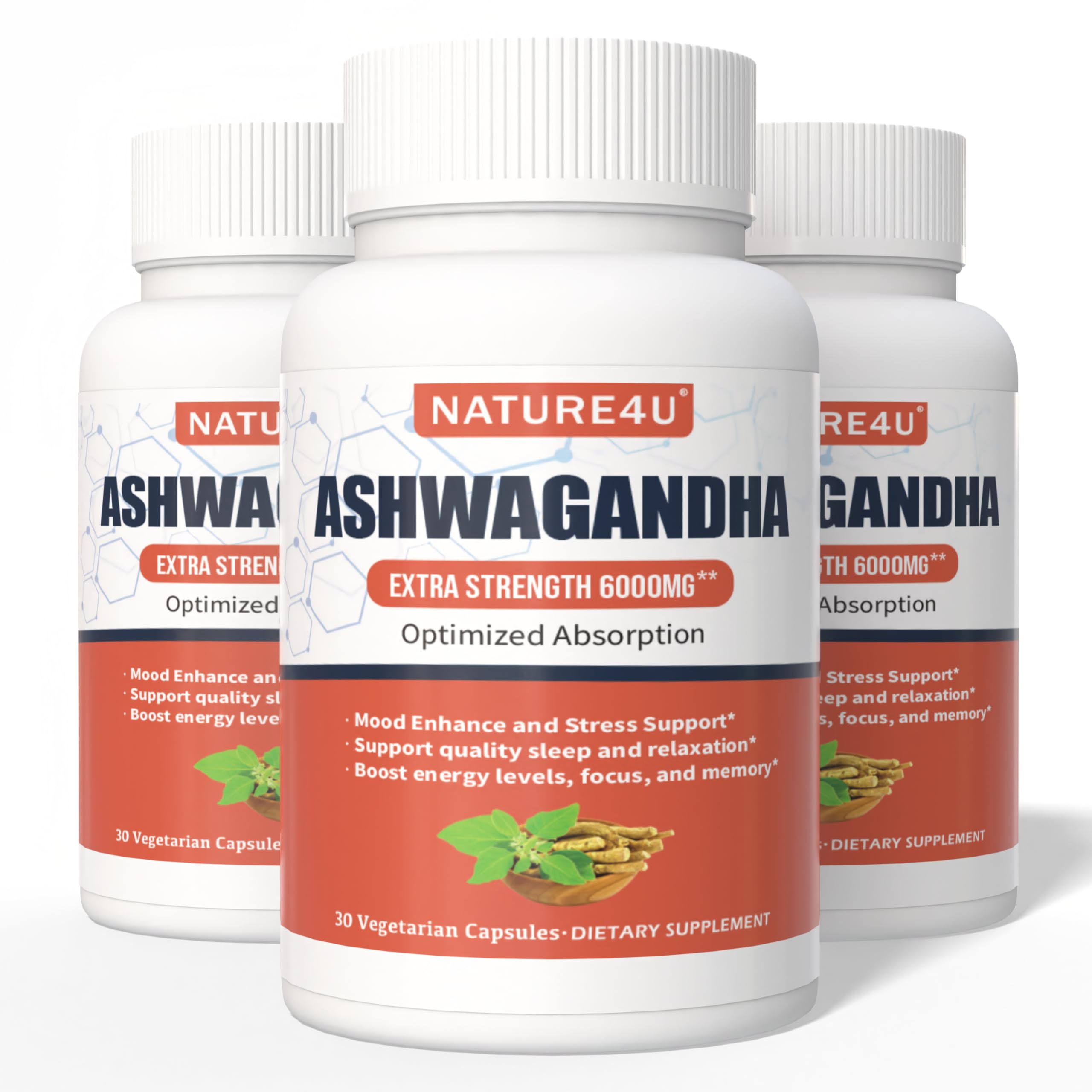 Nature4U Ashwagandha 6000 mg, absorption améliorée grâce au poivre noir et au gingembre.