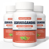 Nature4U Ashwagandha 6000 mg, absorption améliorée grâce au poivre noir et au gingembre.