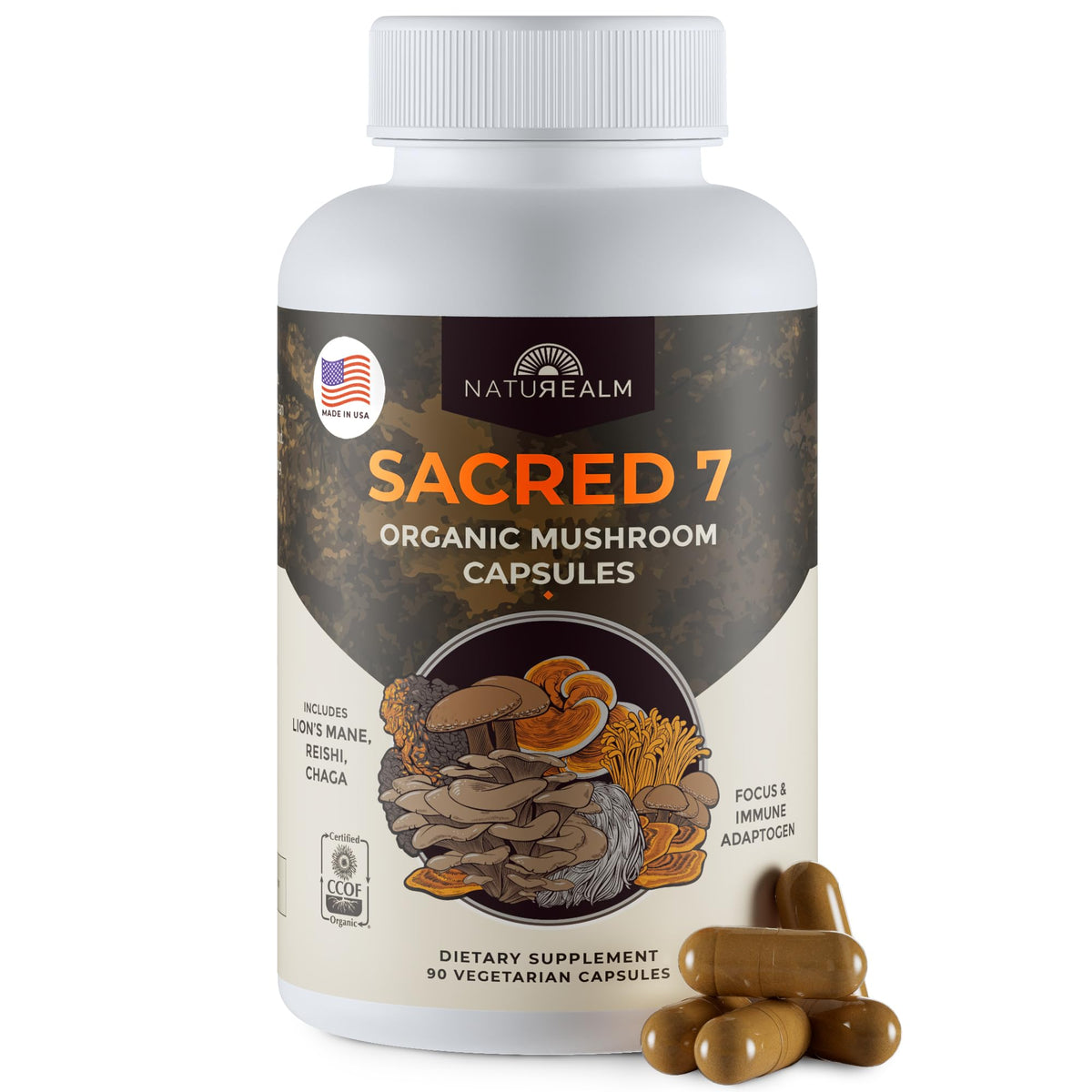 Naturealm Sacred 7 – bouteille affichant le mélange de champignons pour le soutien immunitaire quotidien