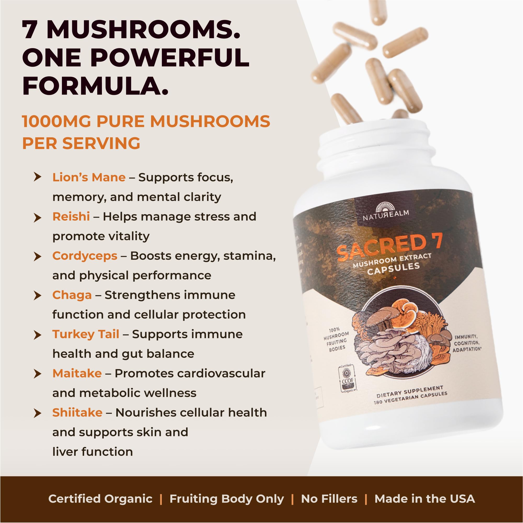 Naturealm Sacred7: ingrédients-extraits-champignons, soutien naturel