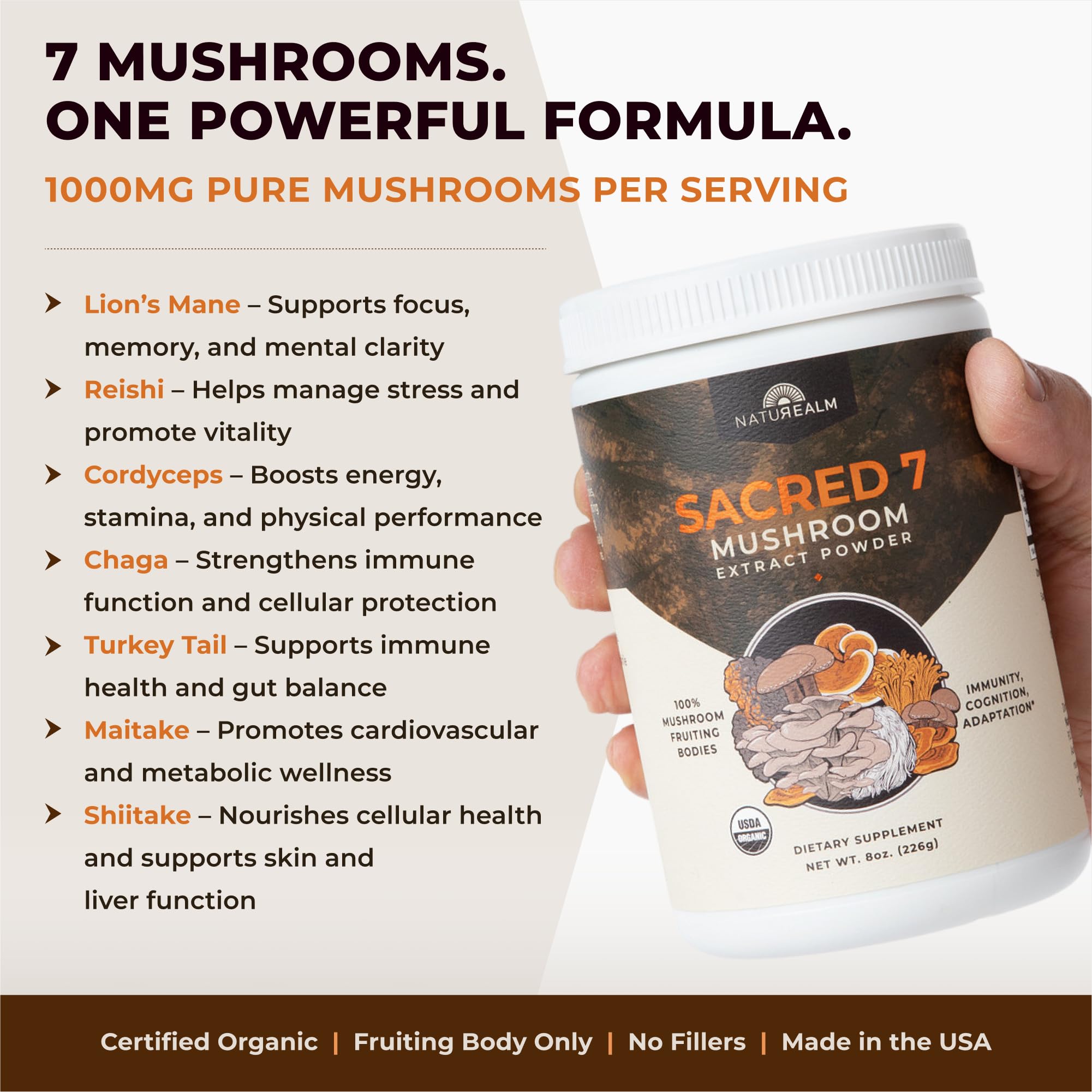 Naturealm Sacred7, mélange-champignons: soutien potentiel pour énergie et immunité au quotidien.
