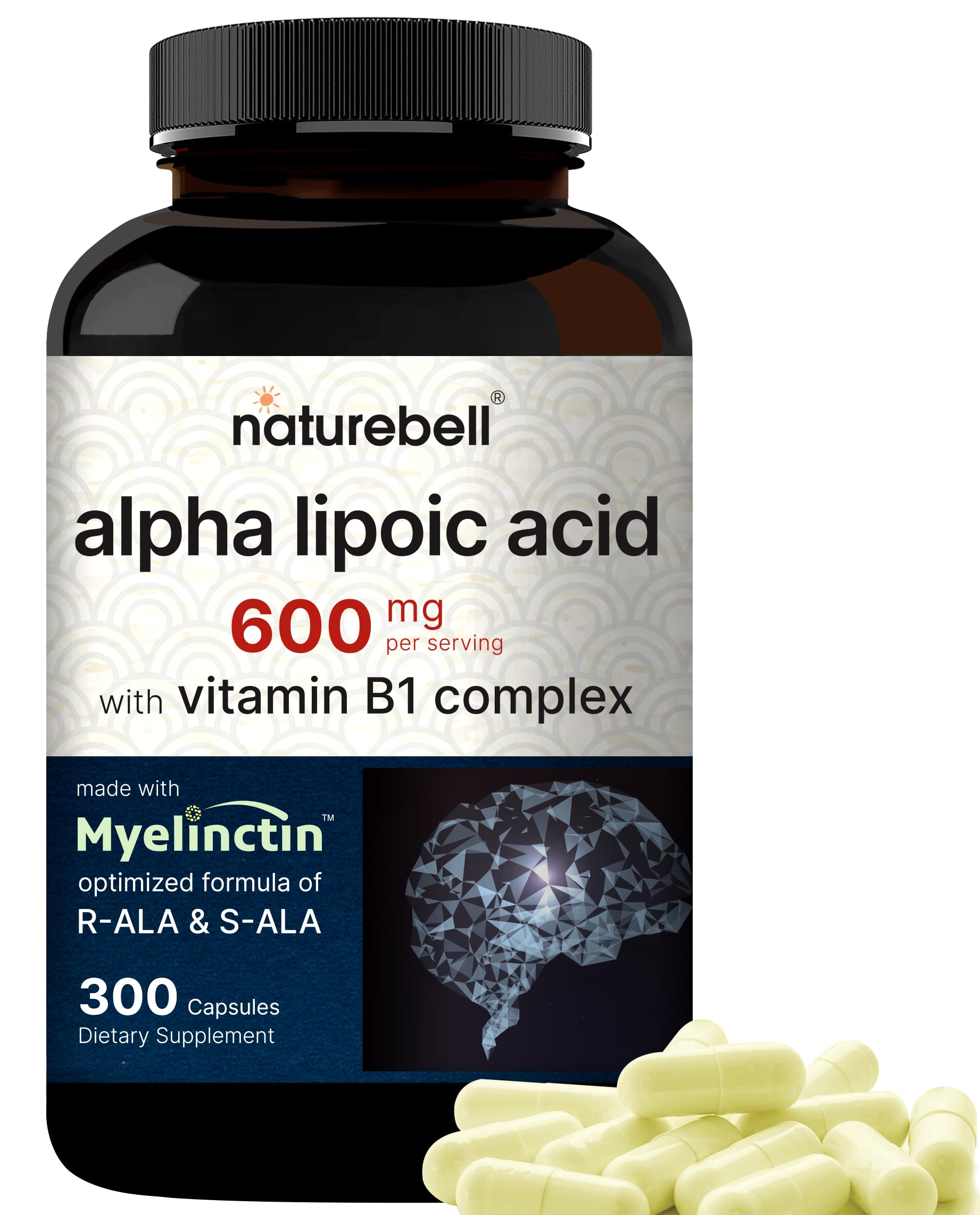 NatureBell Alpha Lipoic Acid Complexe sur bouteille, antioxydant potentiel et absorption élevée.