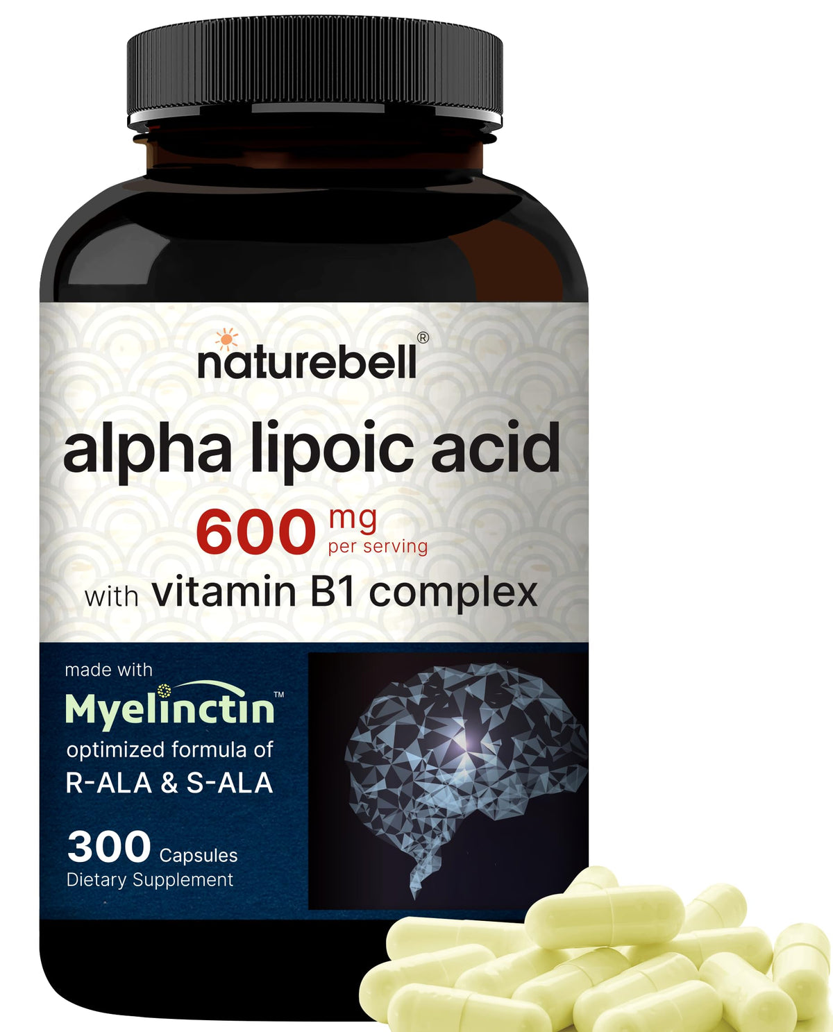 NatureBell Alpha Lipoic Acid Complexe sur bouteille, antioxydant potentiel et absorption élevée.