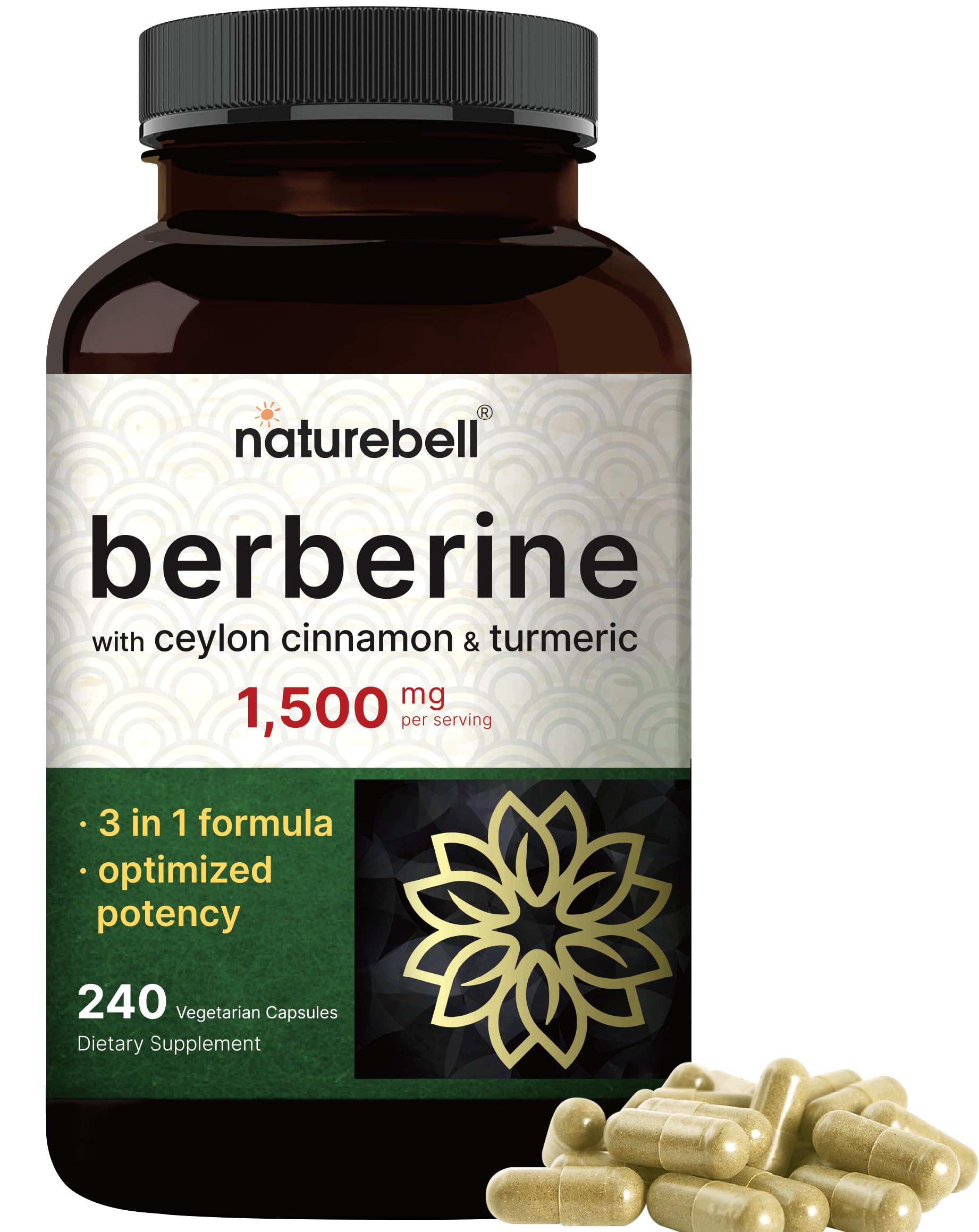 NatureBell Berberine 1500mg en capsules, bouteille pratique, soutien potentiel du niveau de sucre.