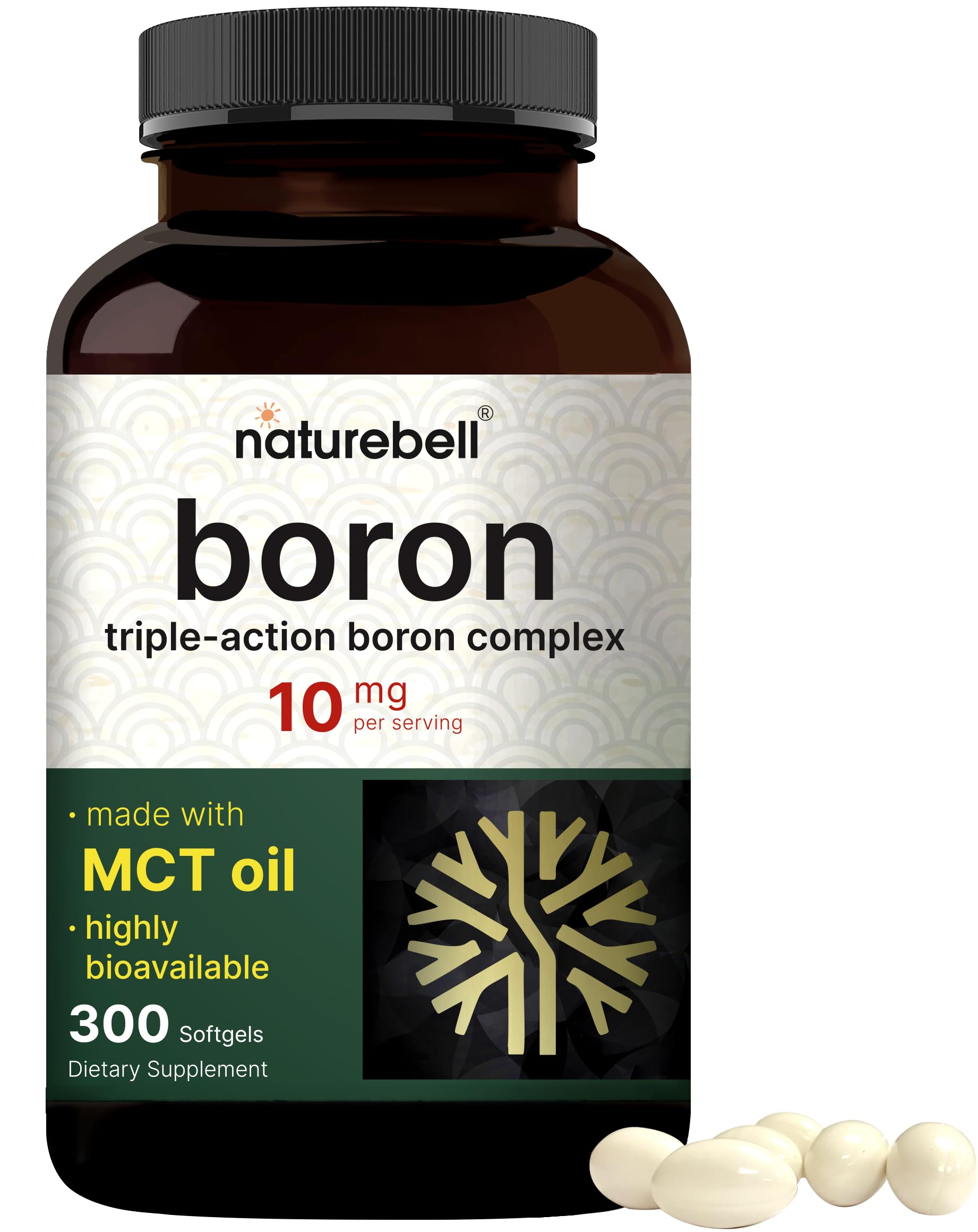 NatureBell Boron 10mg: bouteille softgels avec huile MCT pour absorption potentielle.