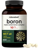 NatureBell Boron 10mg: bouteille softgels avec huile MCT pour absorption potentielle.