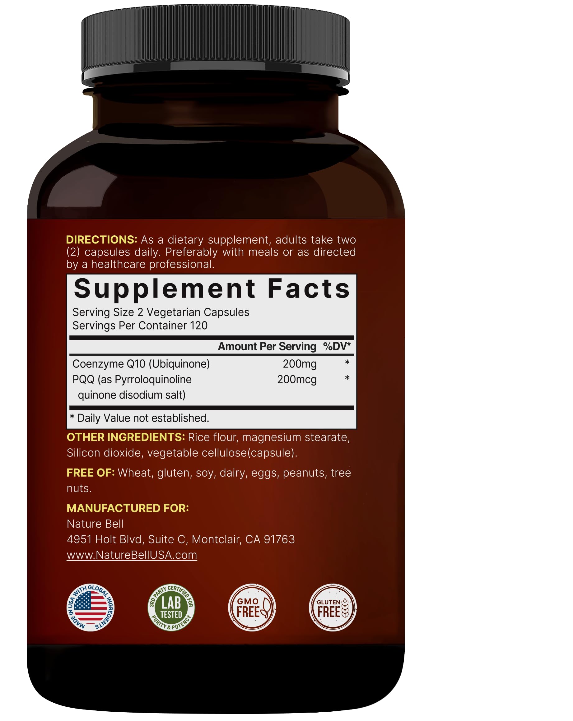 Face recto de l’étiquette NatureBell CoQ10-PQQ, détail du logo.