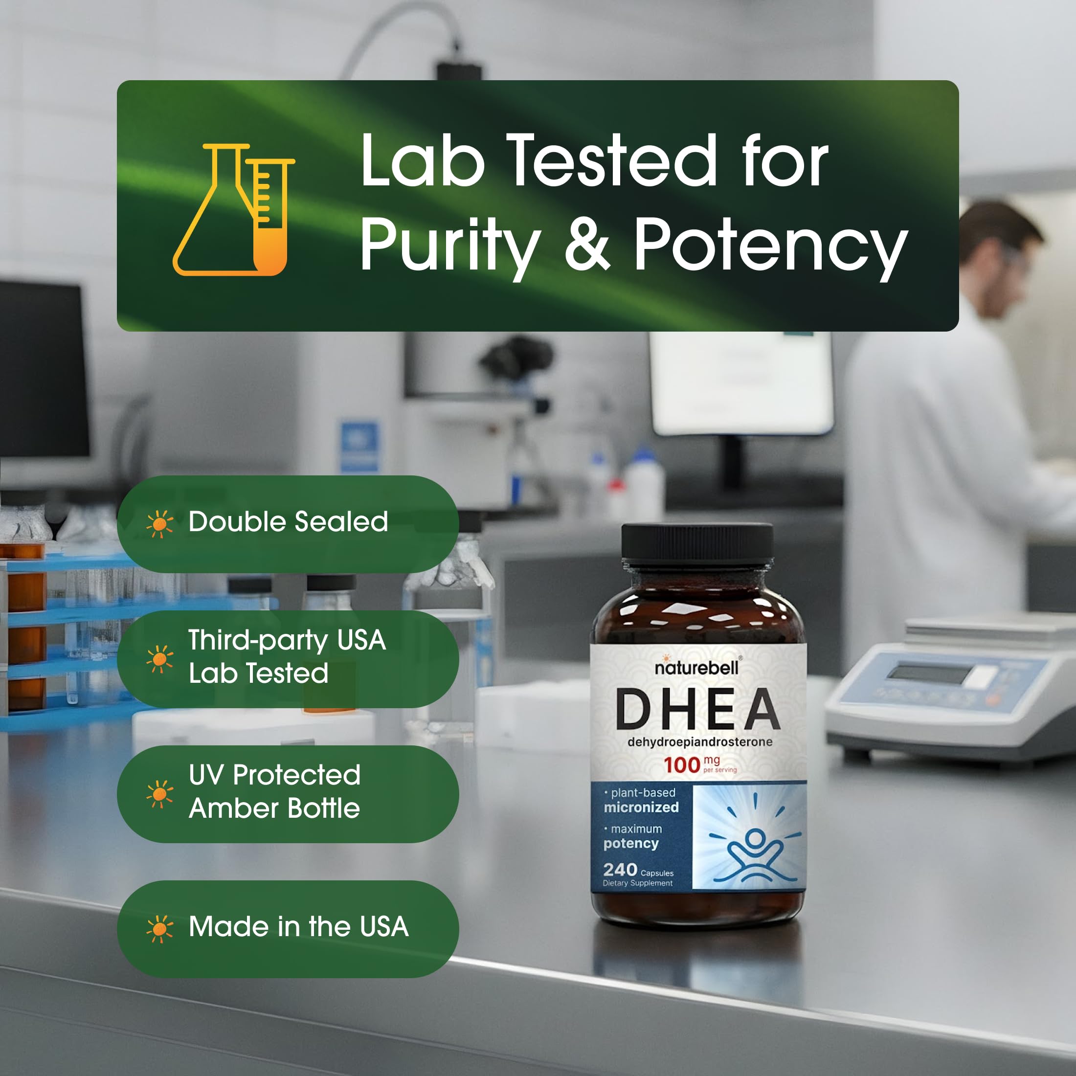 NatureBell DHEA – sans OGM et sans gluten, sans allergènes courants.