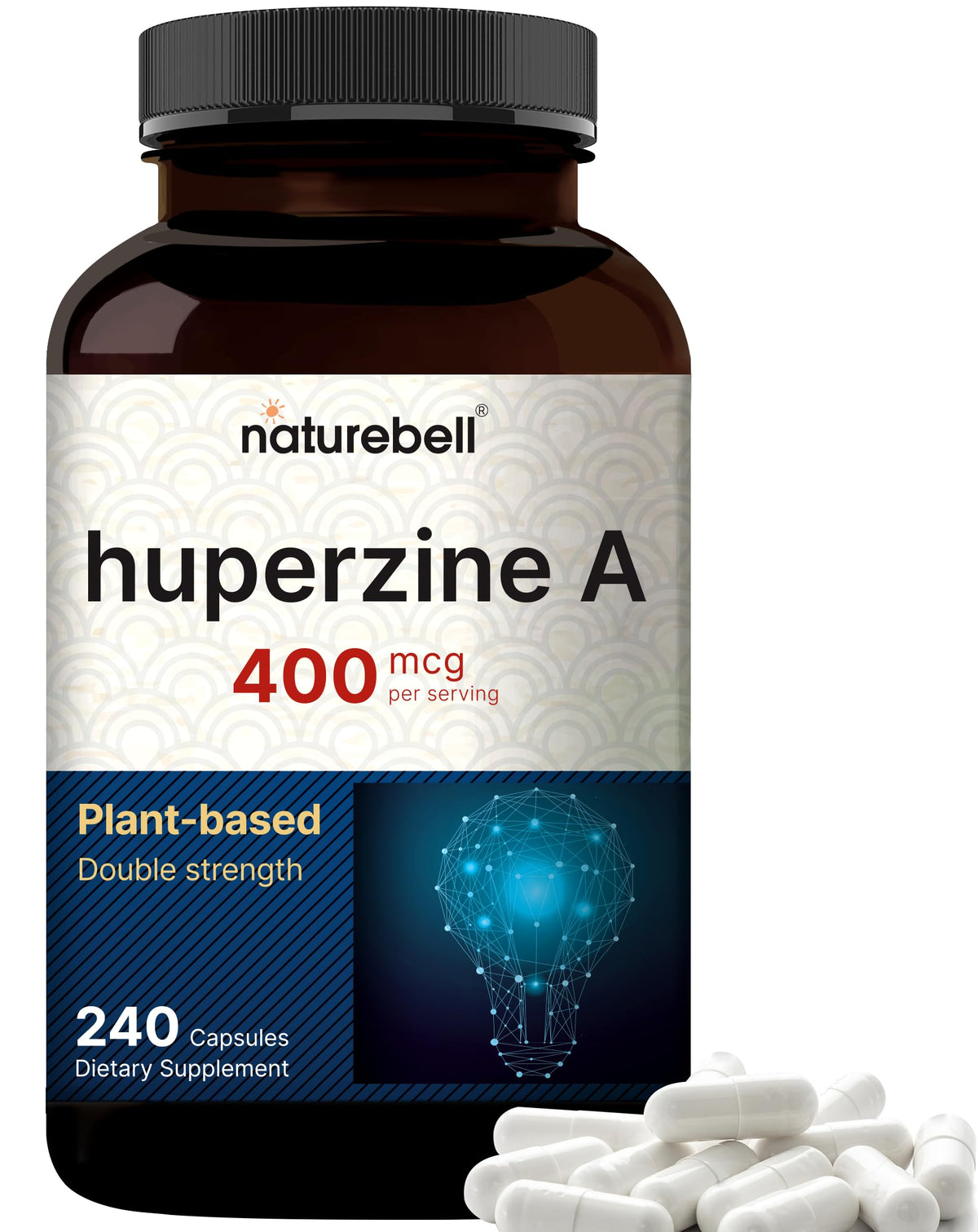 NatureBell Huperzine A 400mcg — bouteille 240 capsules pour le soutien cognitif.