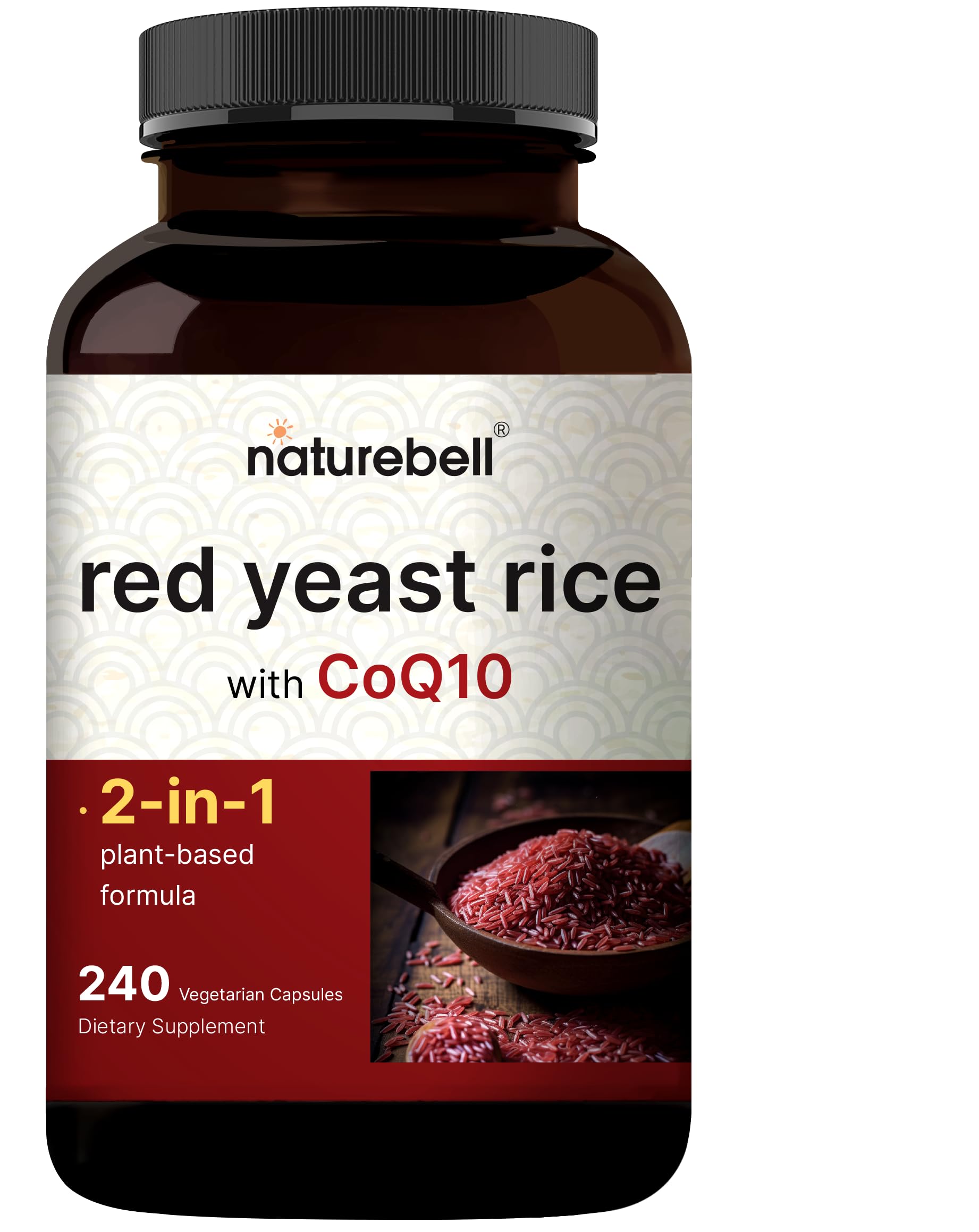 NatureBell levure rouge CoQ10 capsules - bouteille: soutien cardiovasculaire potentiel et énergie.