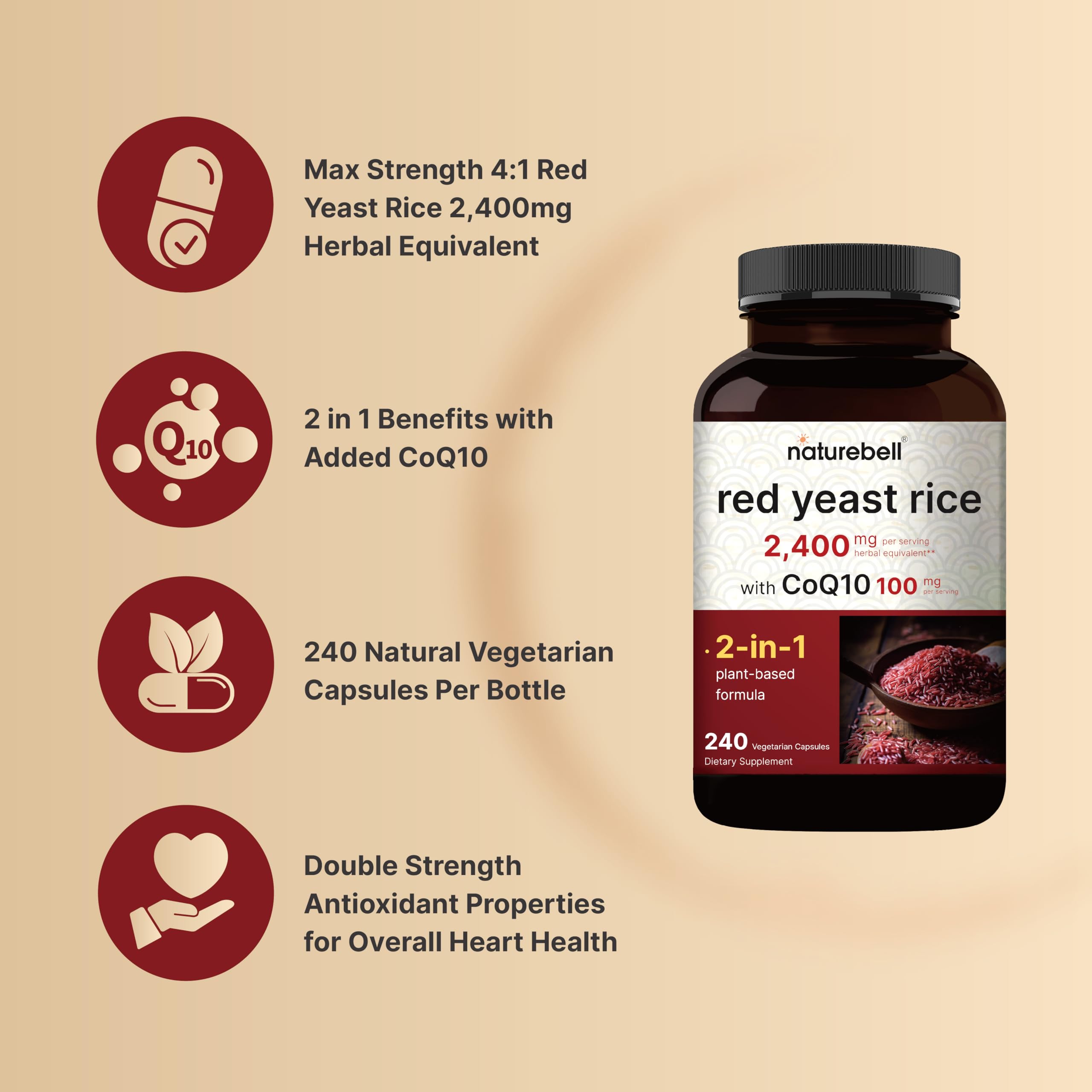 NatureBell levure rouge CoQ10 capsules - prise quotidienne: soutien énergétique et bien-être cérébral.