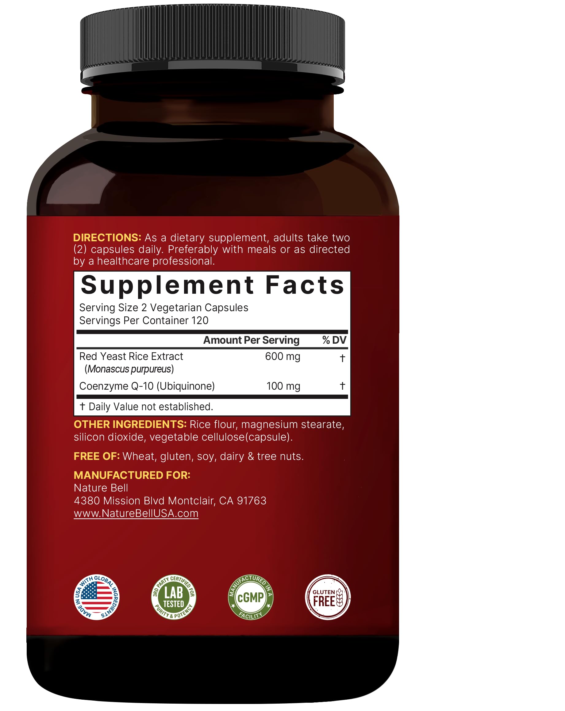 NatureBell levure rouge CoQ10 capsules - indication: antioxydant et soutien quotidien du bien-être.