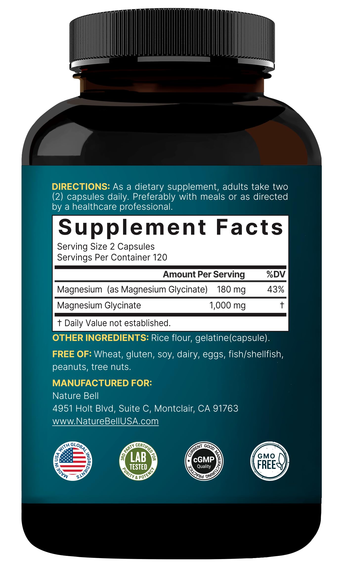 NatureBell Magnésium Glycinate 1000 mg – fabrique aux Etats-Unis avec contrôles qualité