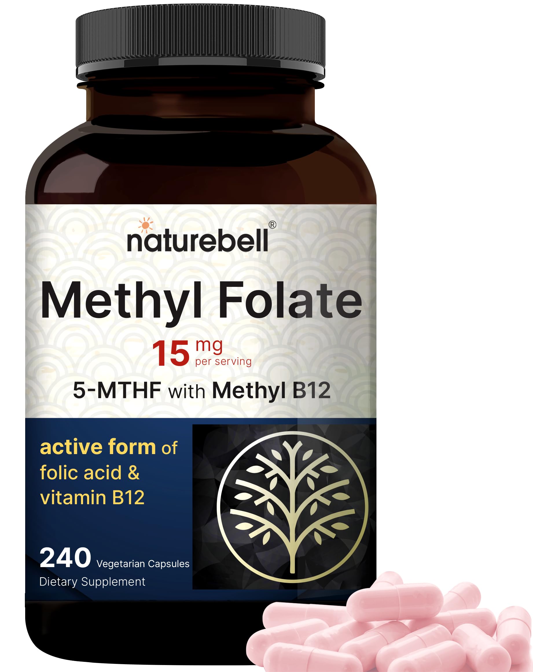 NatureBell Methyl Folate en bouteille, étiquette visible, soutien énergie potentiel.