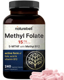 NatureBell Methyl Folate en bouteille, étiquette visible, soutien énergie potentiel.