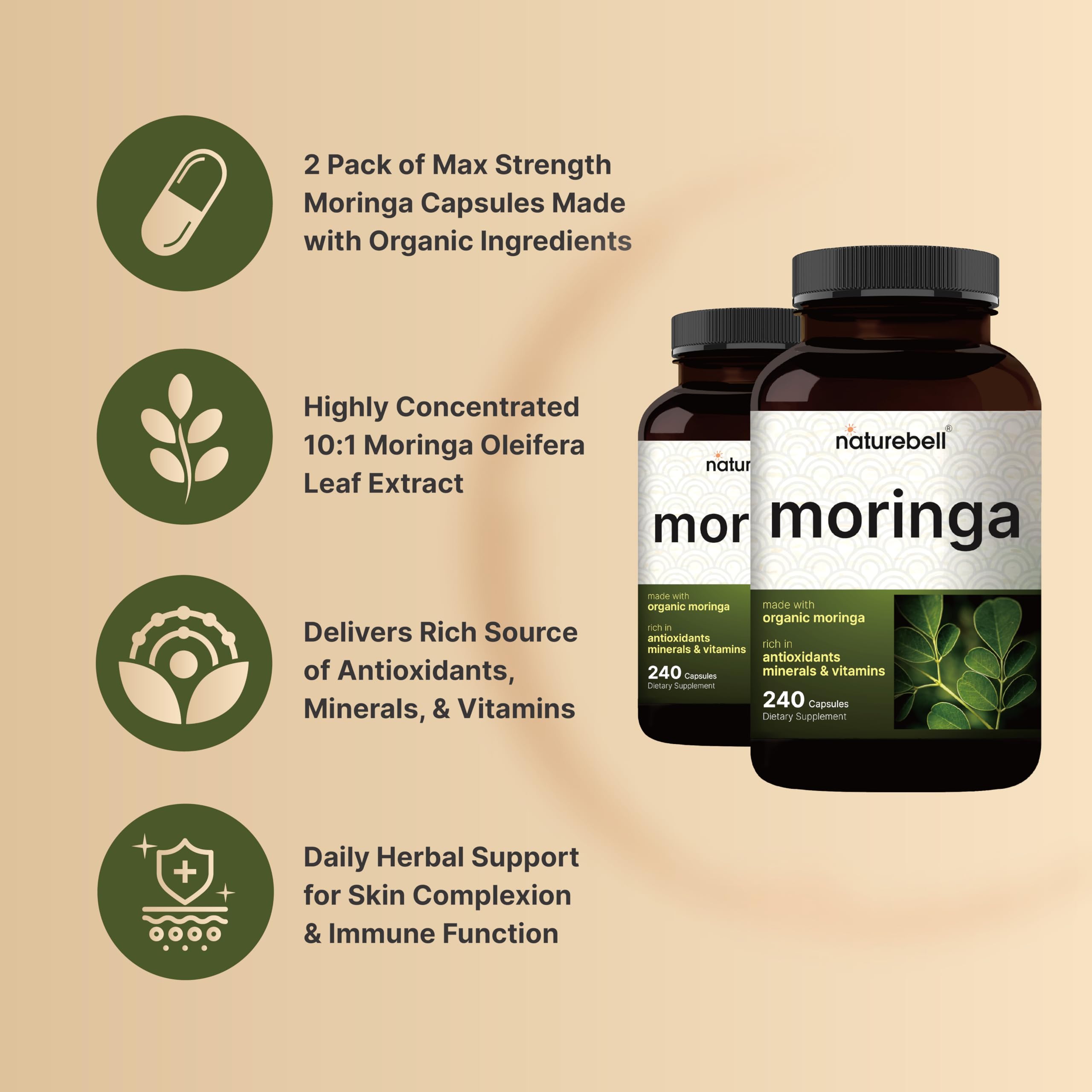 NatureBell Moringa - étiquette claire sur le flacon et informations sans OGM.