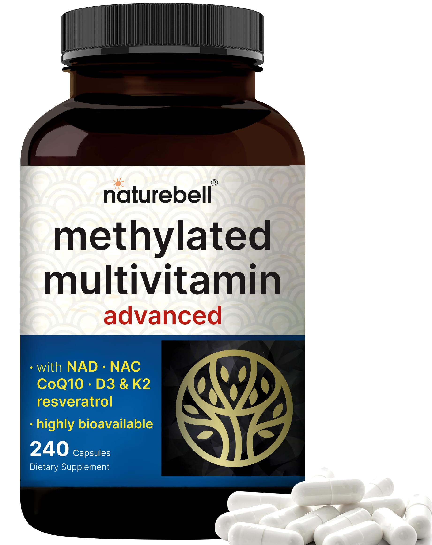 Flacon NatureBell Multivitamine Méthylée sur table, énergie quotidienne potentielle.