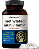 Flacon NatureBell Multivitamine Méthylée sur table, énergie quotidienne potentielle.