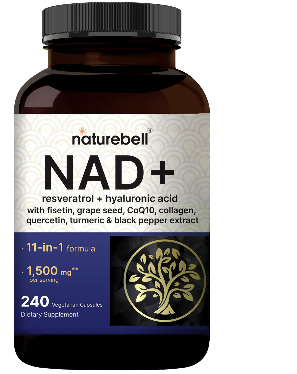 NatureBell NAD+ Complex – Bouteille et gélules végétales faciles à prendre au quotidien.