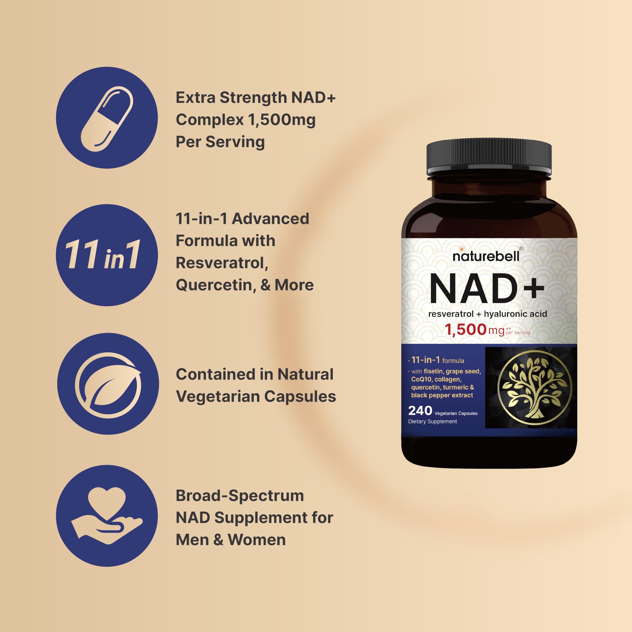 NatureBell NAD+ Complex – Etiquette claire affichant les composants et le dosage.