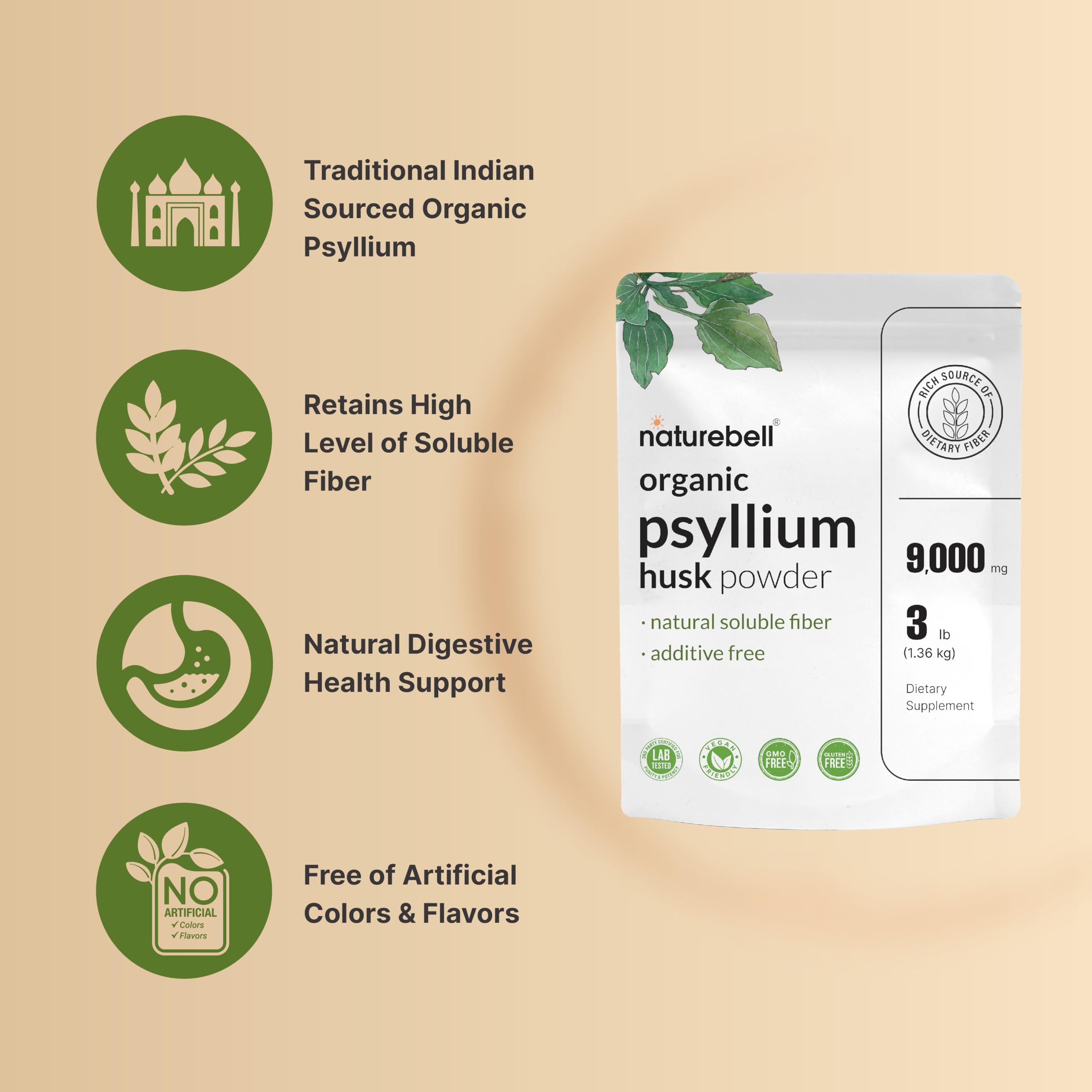 Boîte NatureBell Psyllium de 3 lb, source de fibres solubles.