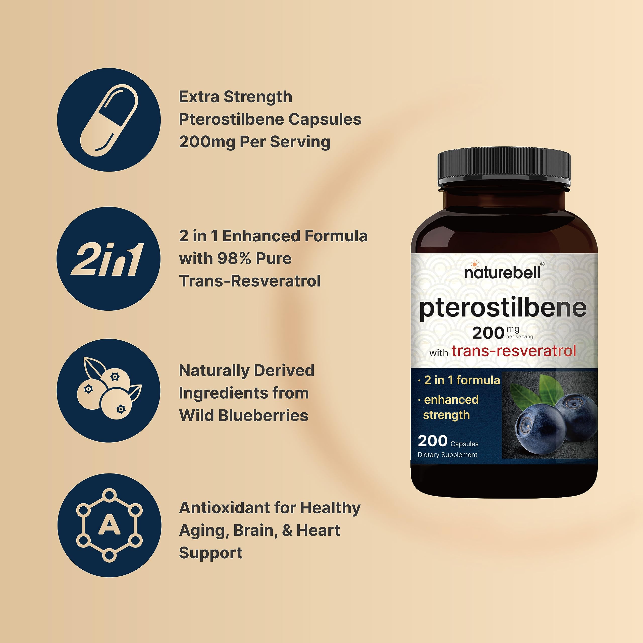 NatureBell Pterostilbene: etiquette lisible avec dosage et origine naturelle.