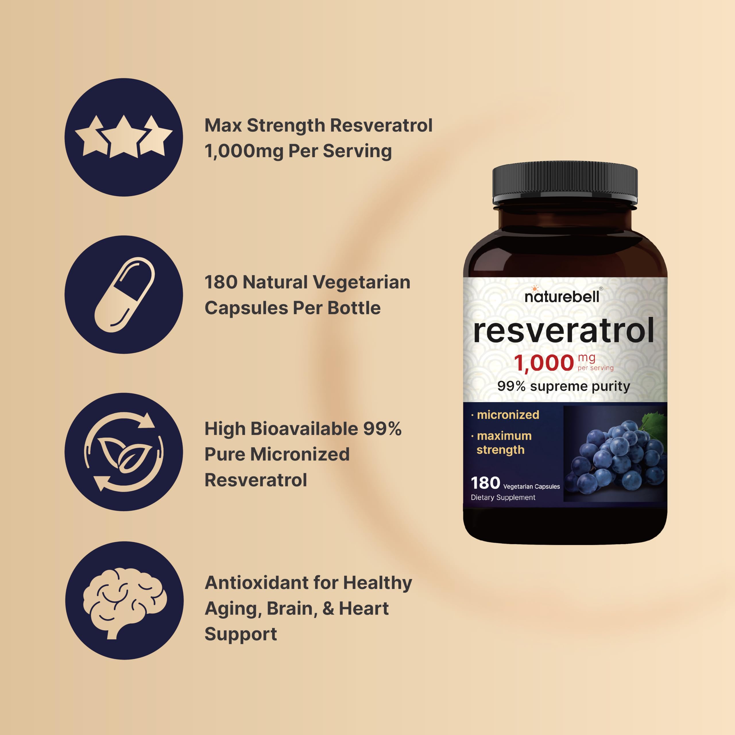 NatureBell Résveratrol, sans soja ni gluten, allergènes limités.