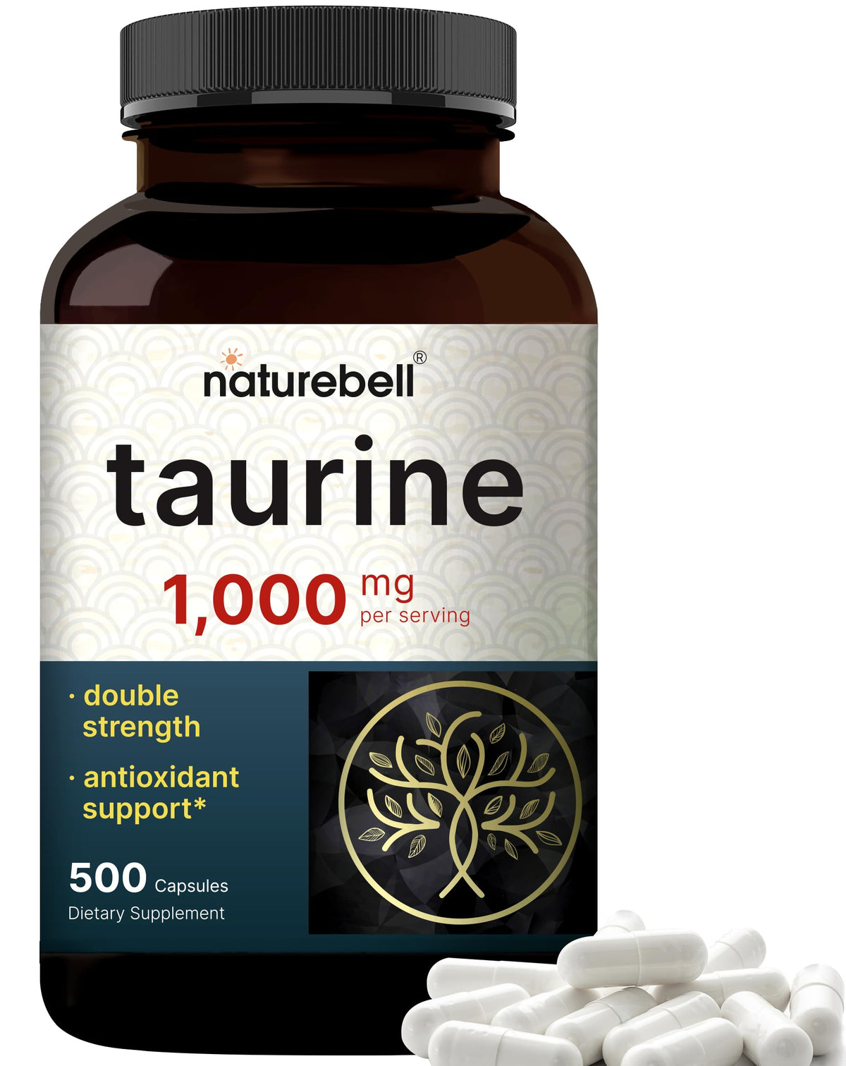 NatureBell Taurine 1000mg flacon 500 capsules, absorption efficace.