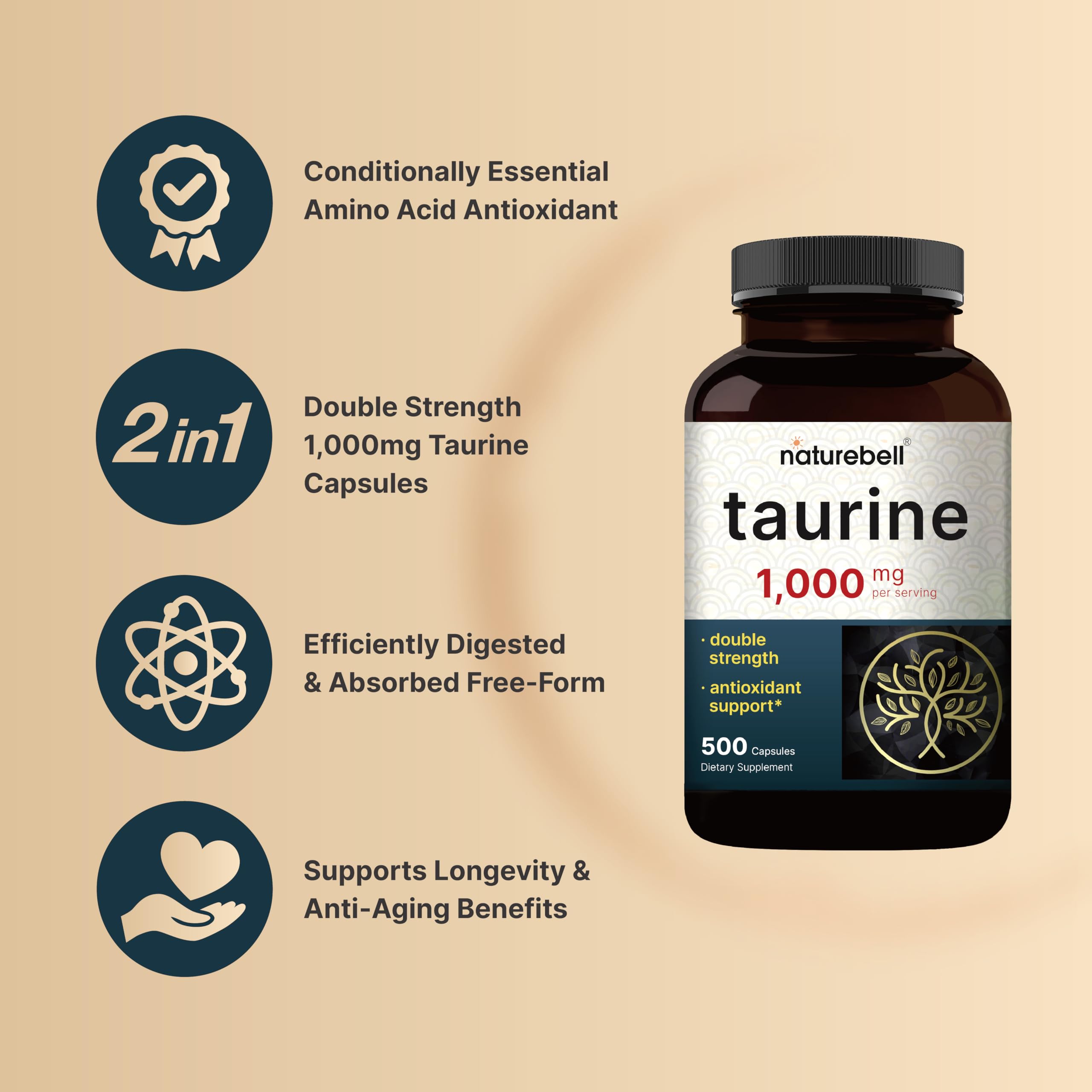 NatureBell Taurine 1000mg emballage sans gluten pour certains régimes.