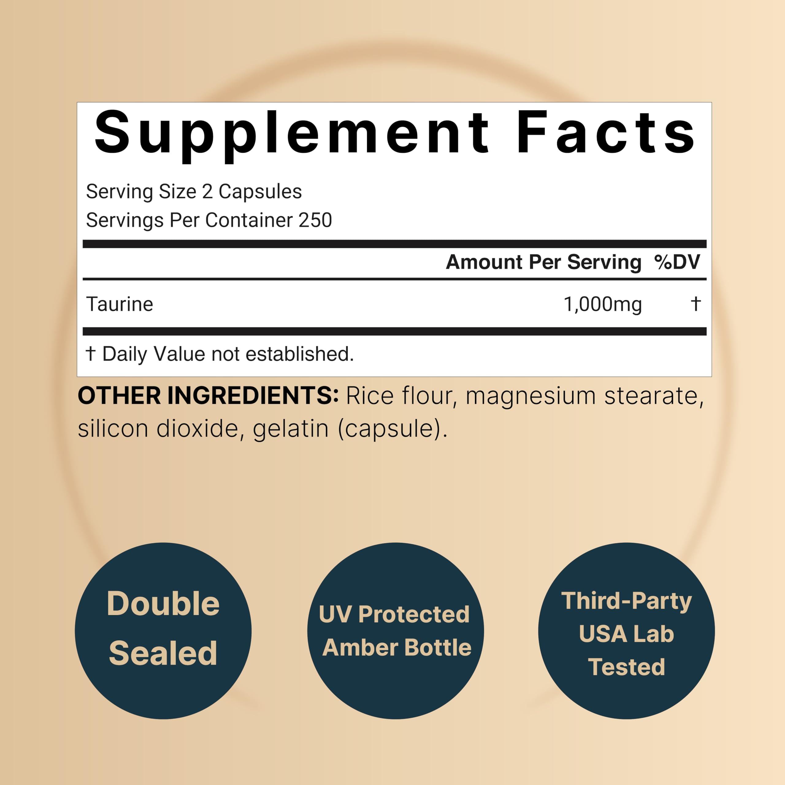 NatureBell Taurine 1000mg étiquette sans OGM, composition claire.