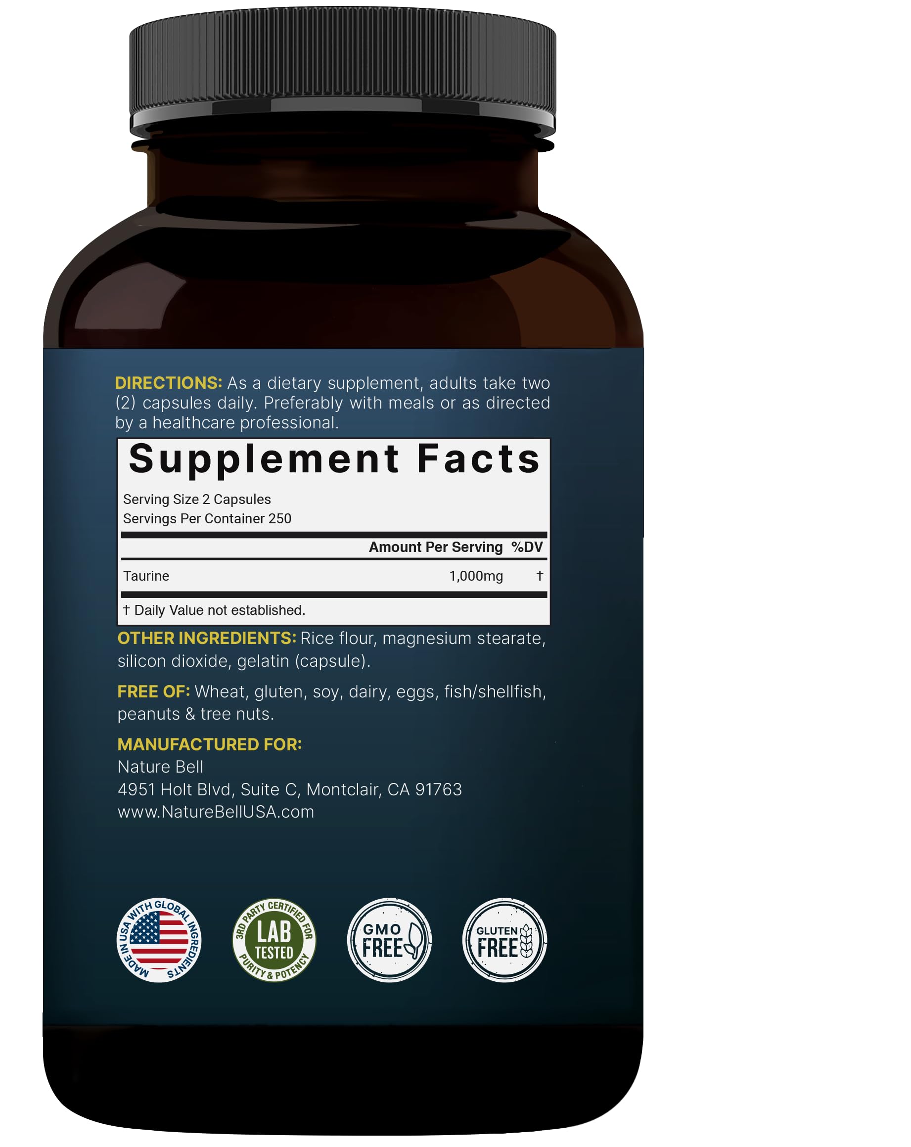 NatureBell Taurine 1000mg usage quotidien pour énergie et concentration potentielles.