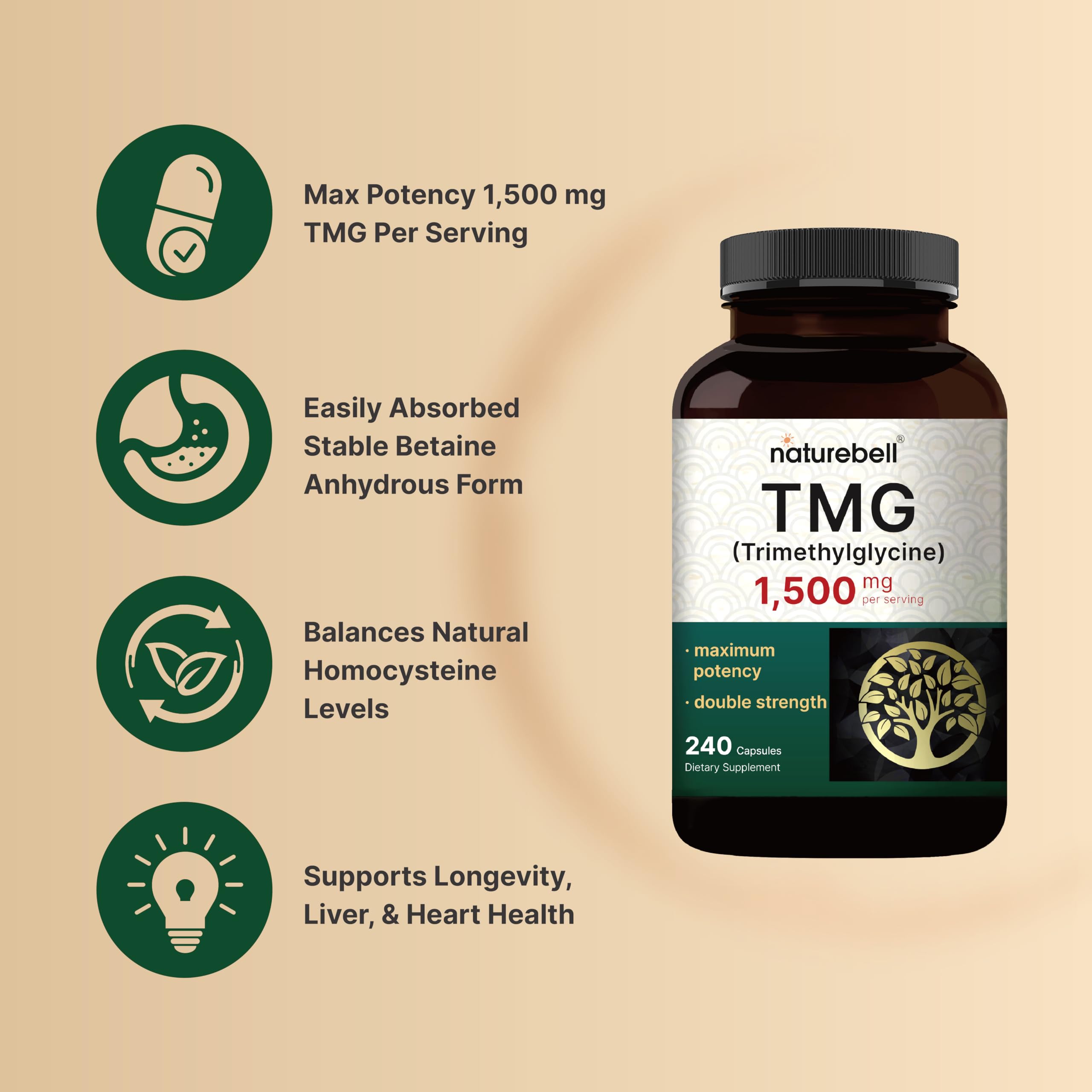 NatureBell TMG – étiquette détaillée, ingrédients non-OGM et absence d'allergènes.