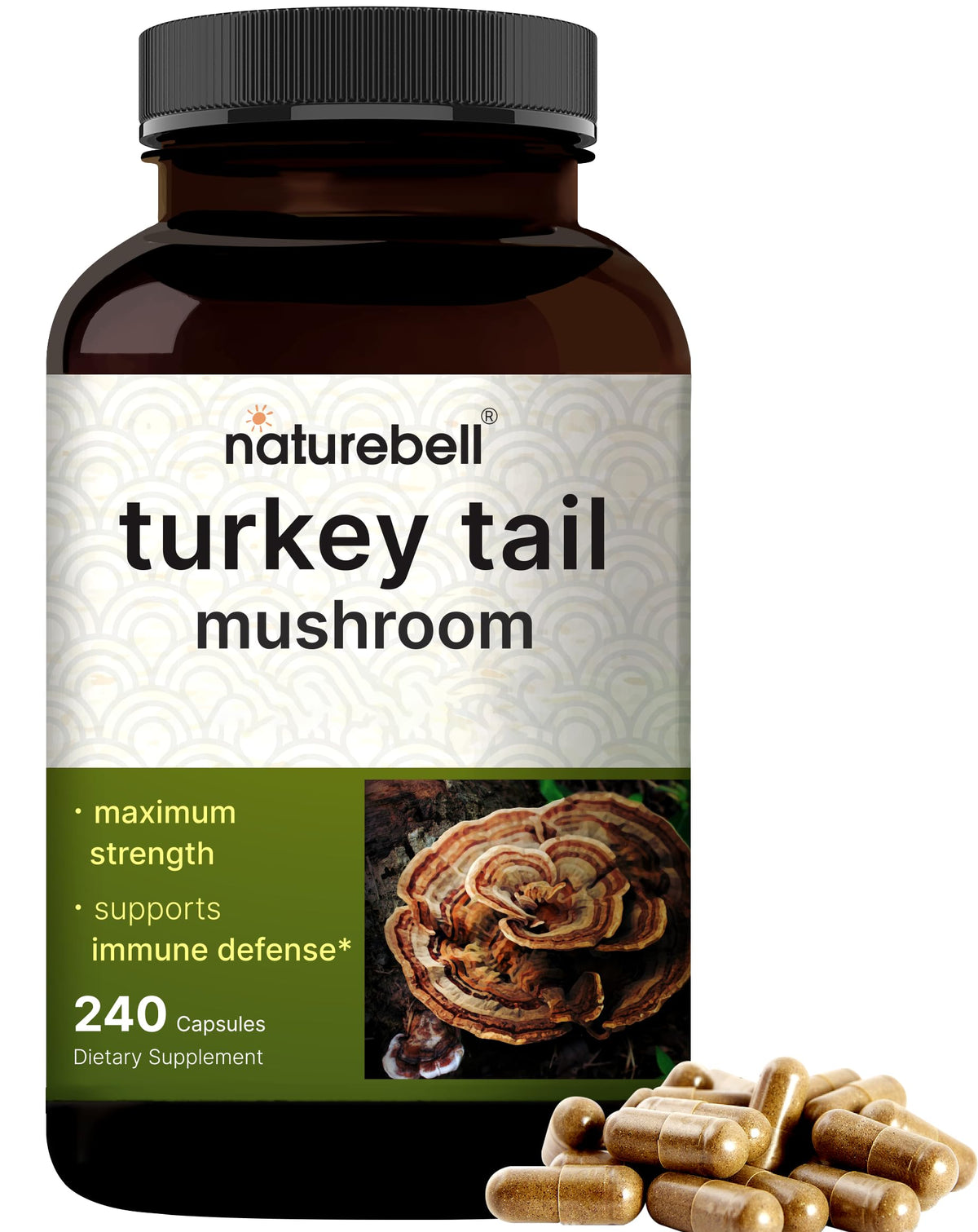 NatureBell Turkey Tail: bouteille montrant le format pratique et le soutien du système immunitaire.