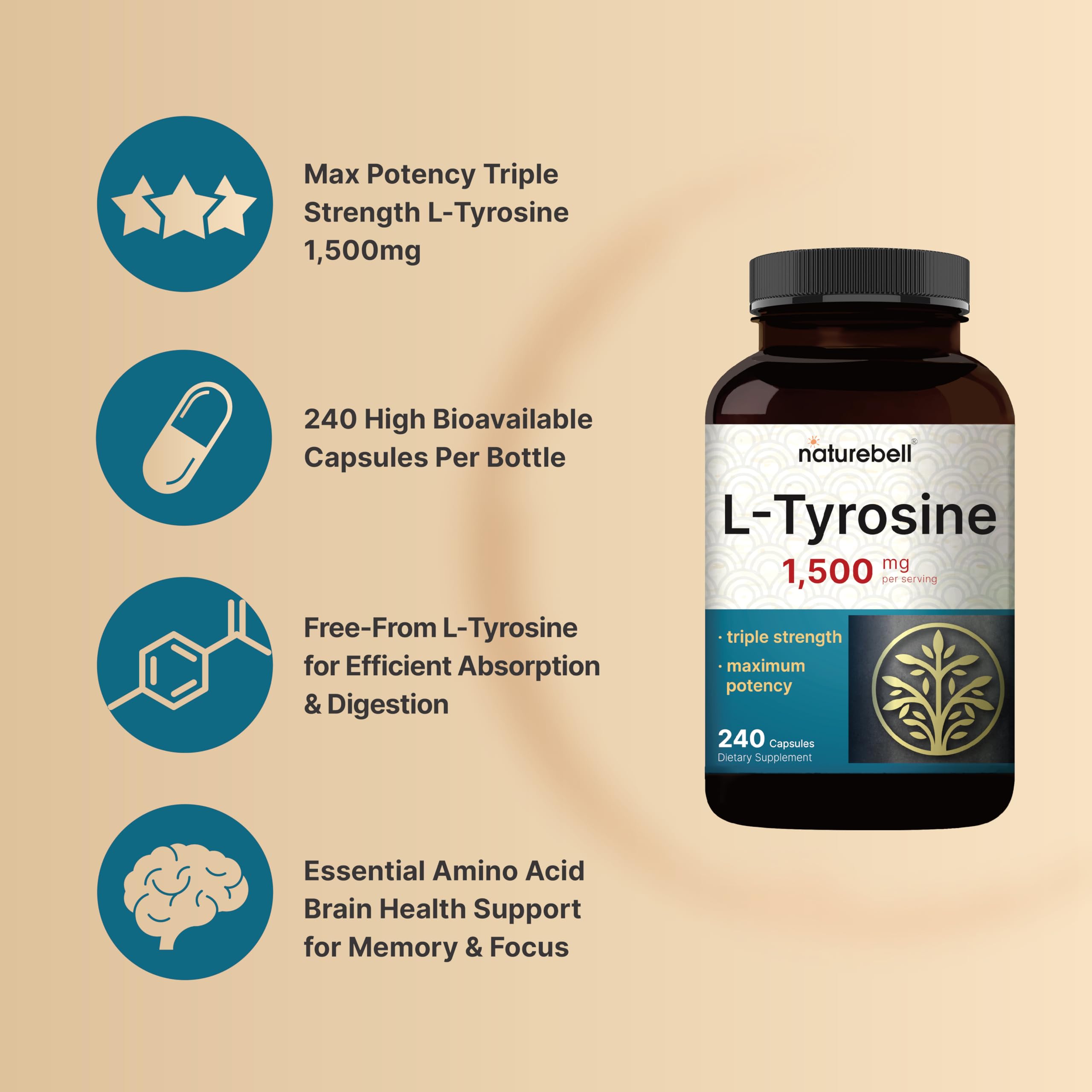 NatureBell Tyrosine – precurseur des neurotransmetteurs pour une cognition soutenue.