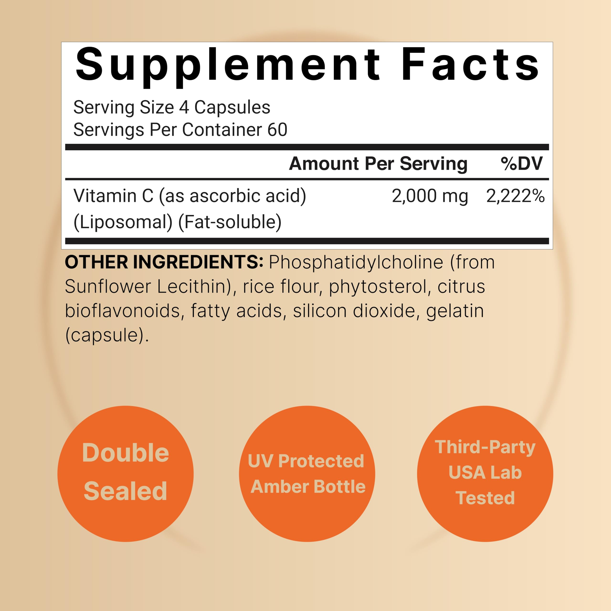 NatureBell Vitamine C liposomale: dosage 2000 mg par portion, soutien nutritionnel potentiel.