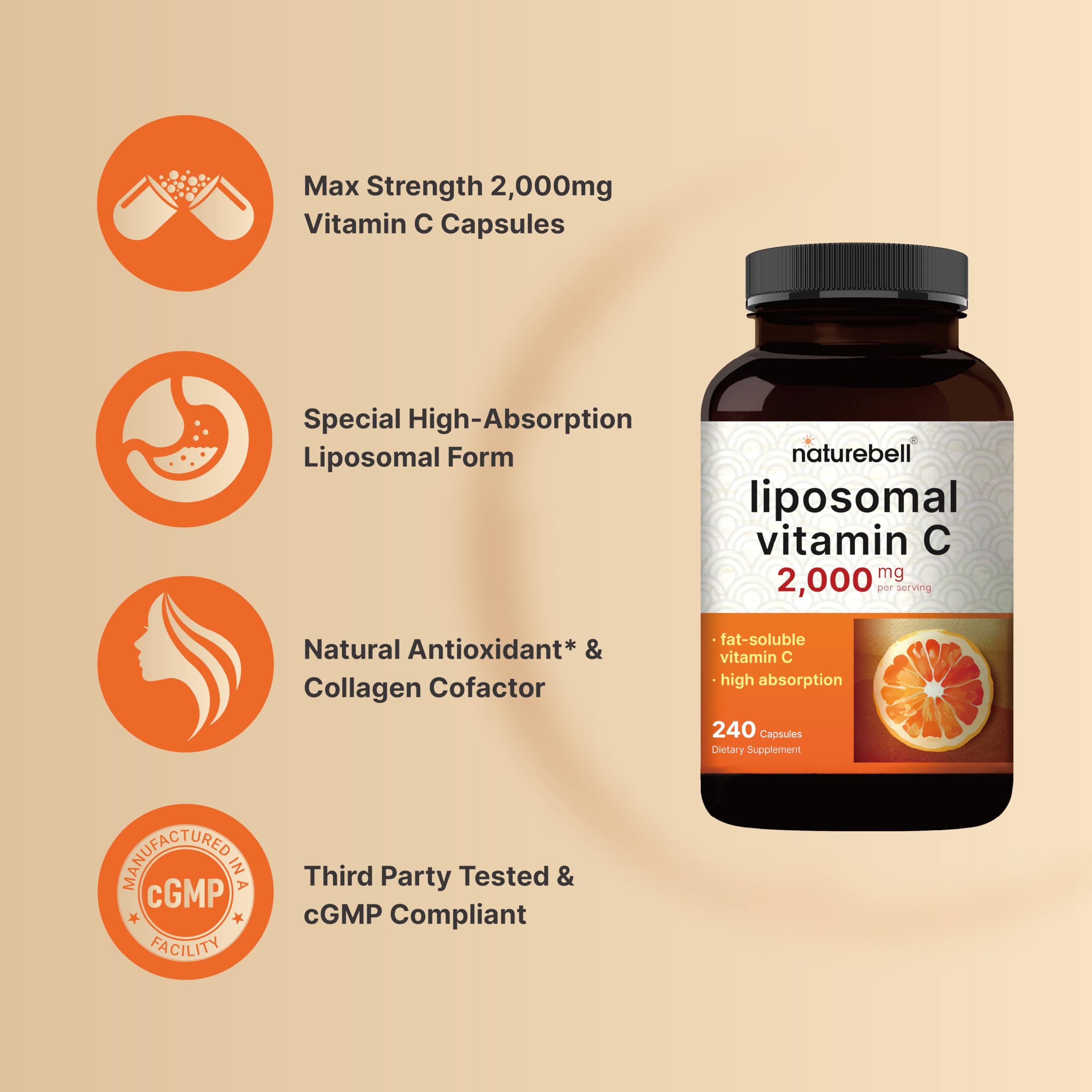 NatureBell Vitamine C liposomale: emballage sans gluten et sans allergènes.