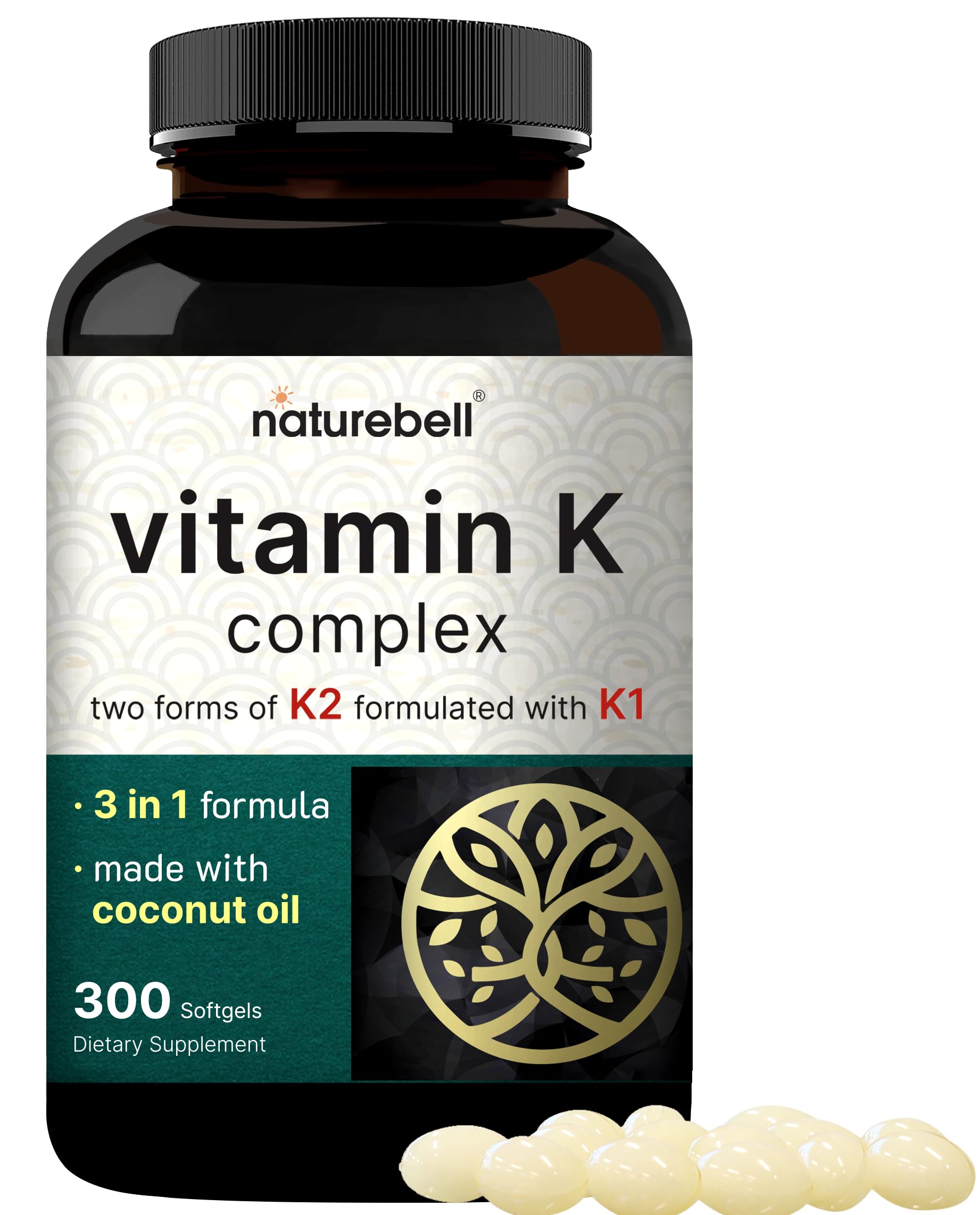NatureBell Vitamin K Complex, bouteille, soutien quotidien pour les os et le cœur.