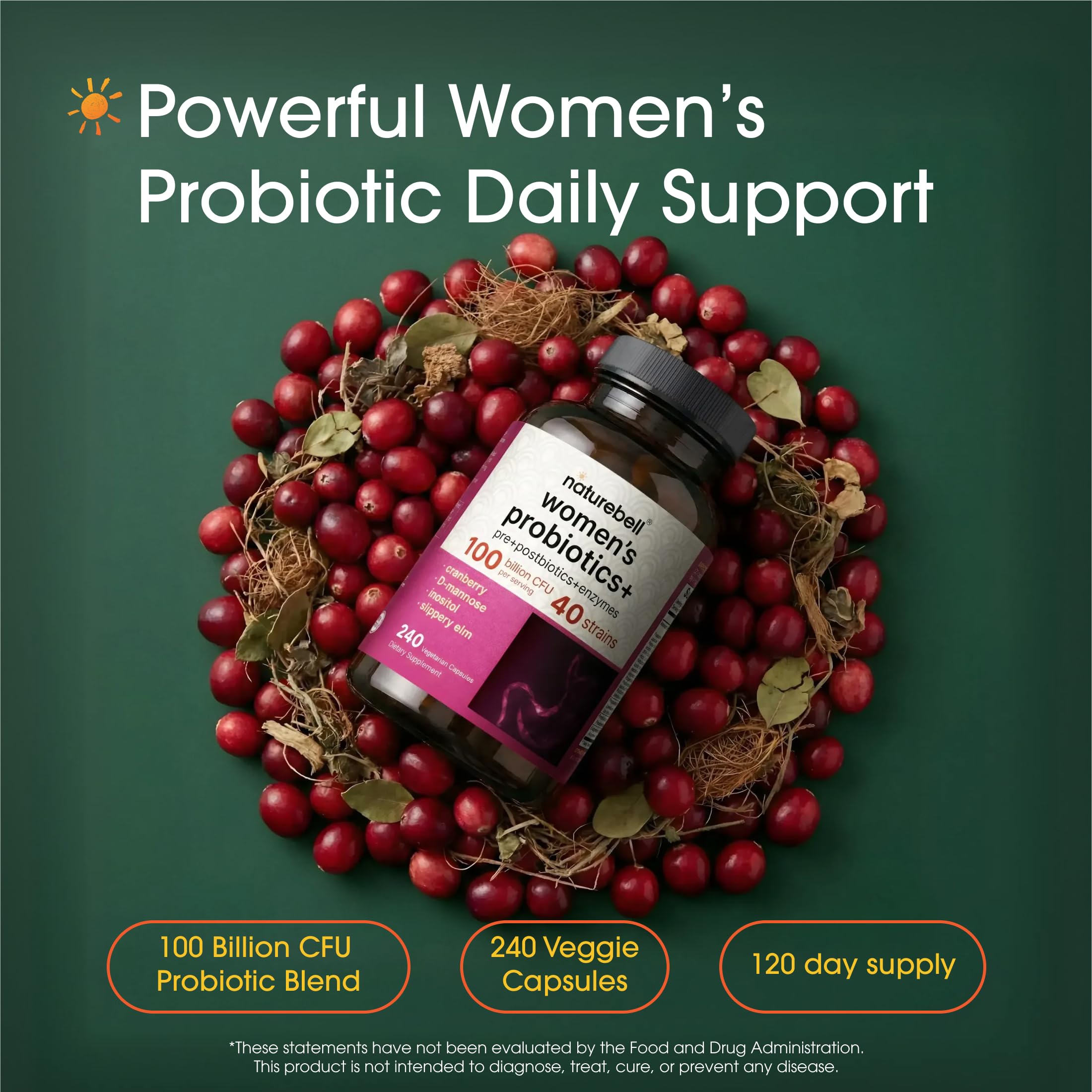 Étiquette du produit NatureBell Probiotics+ affichant ingrédients et bénéfices.