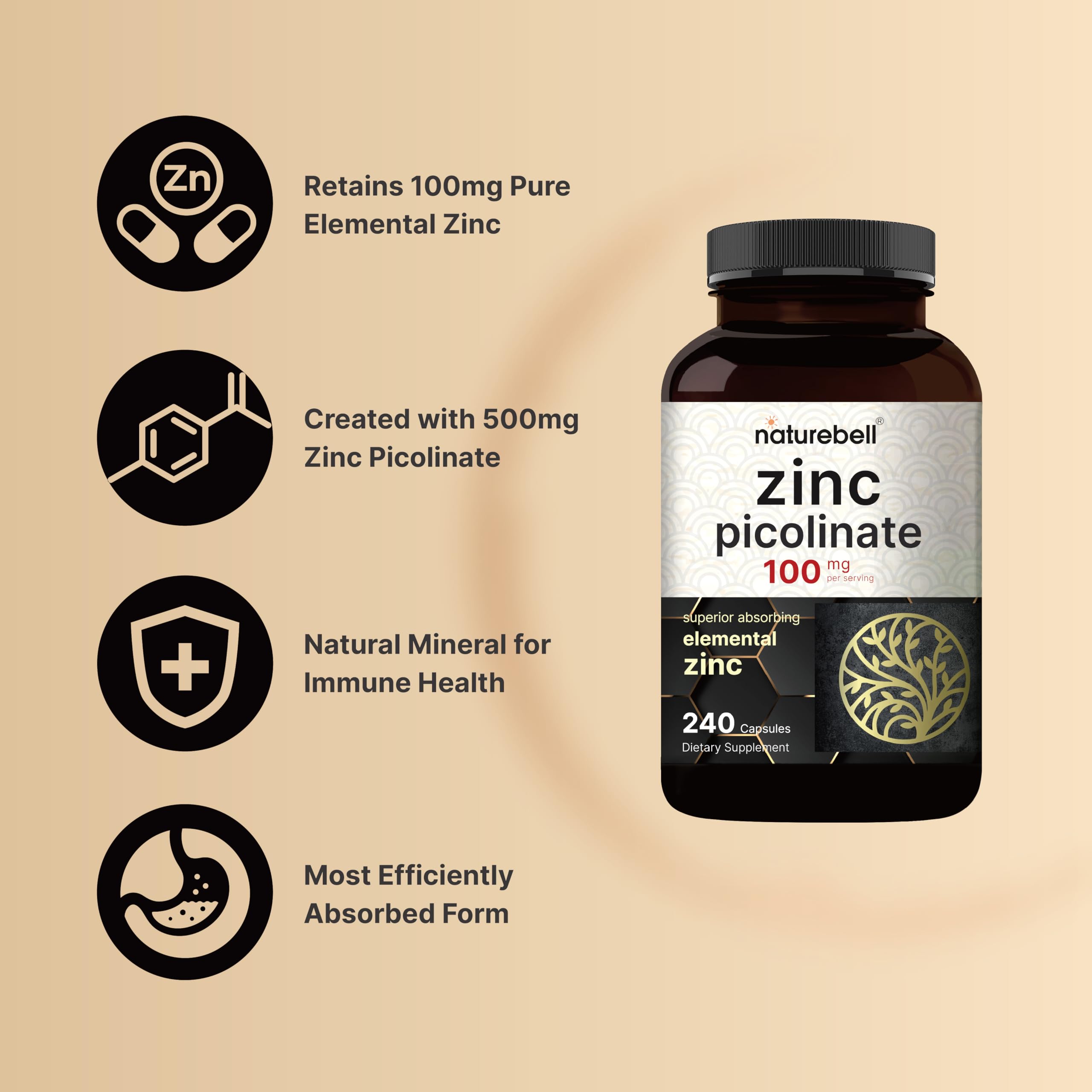 NatureBell zinc picolinate 100 mg, étiquette claire pour le dosage.