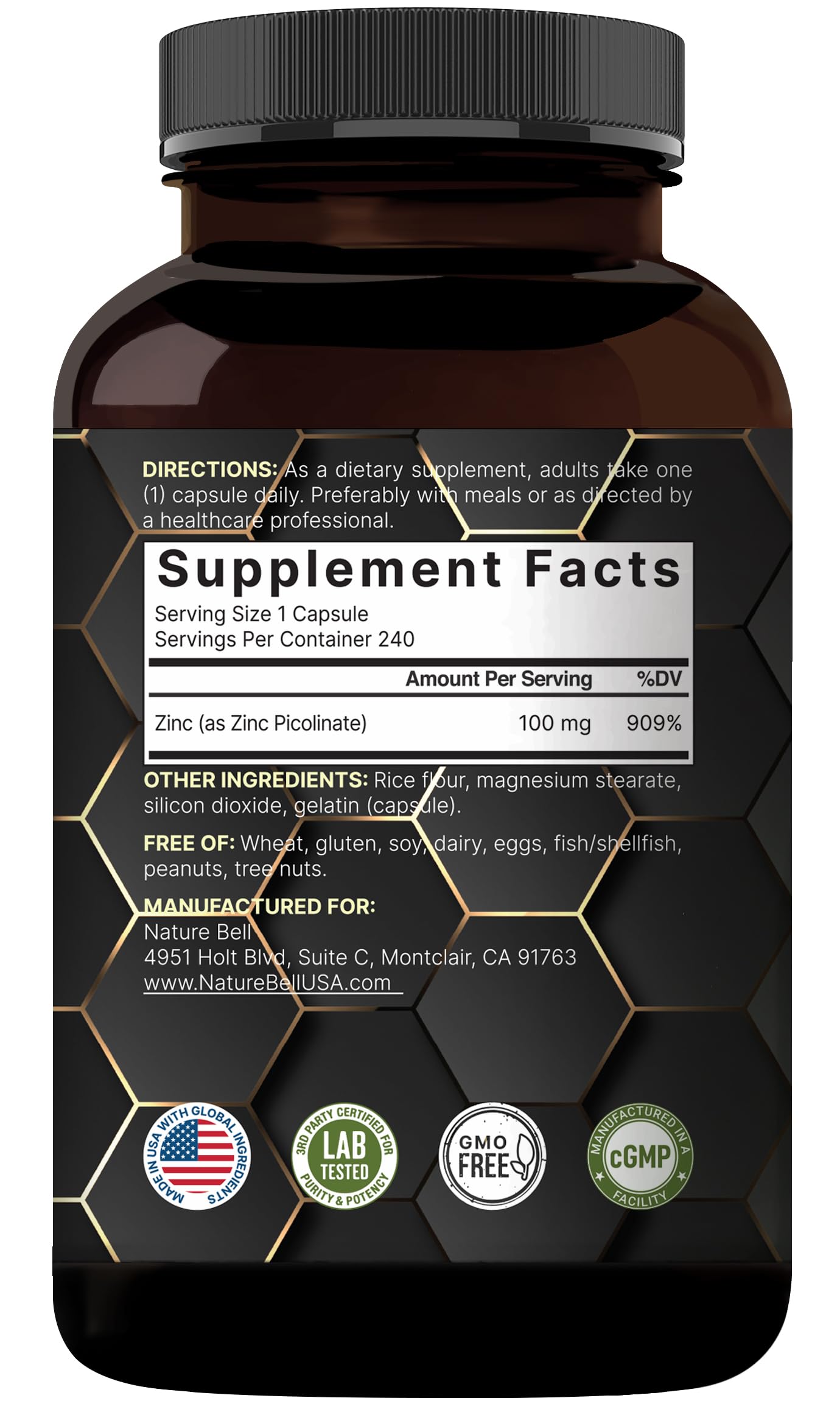 NatureBell zinc picolinate 100 mg, sans OGM et sans allergènes majeurs.