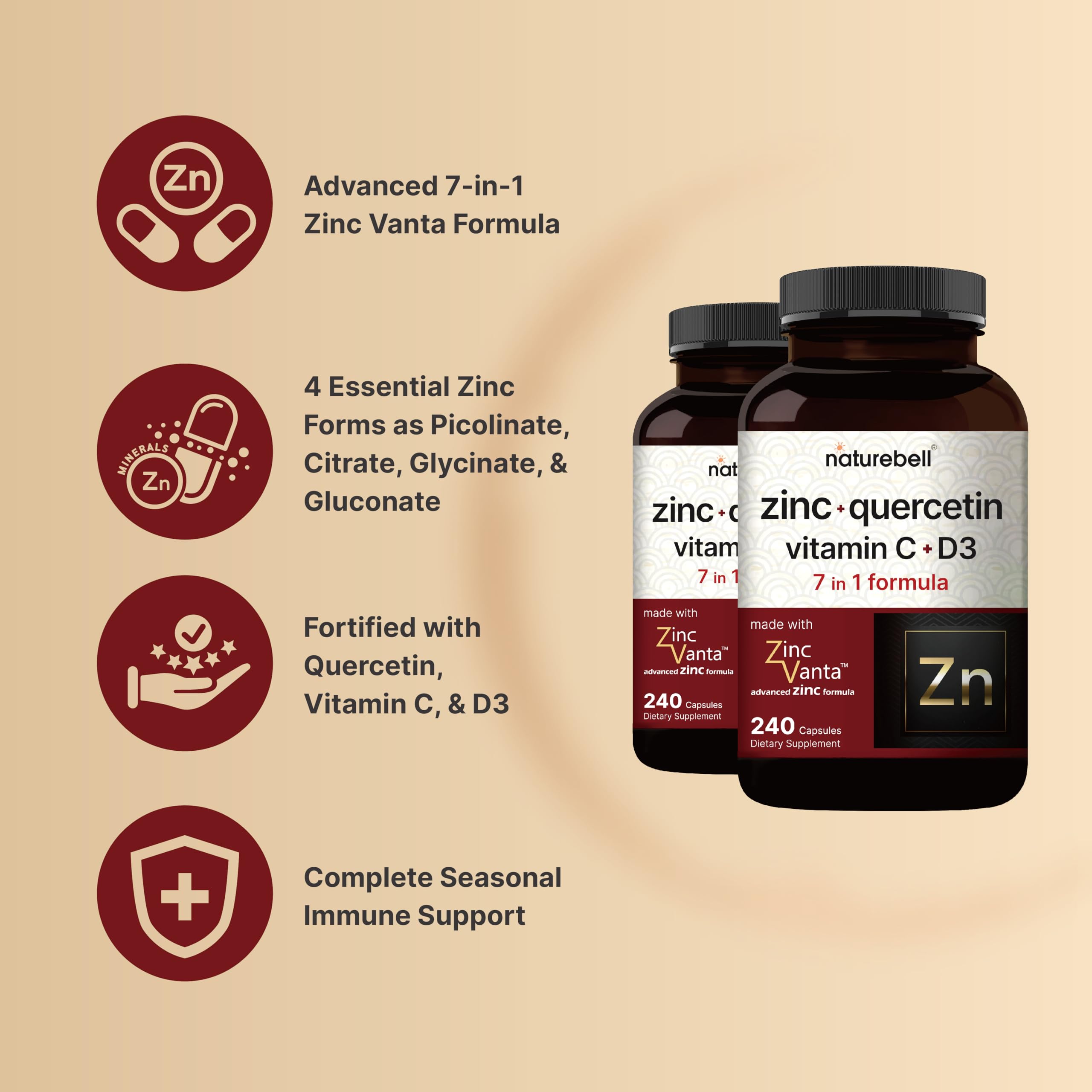 NatureBell Zinc Quercétine – Ingrédients zinc multiformes pour une meilleure assimilation.